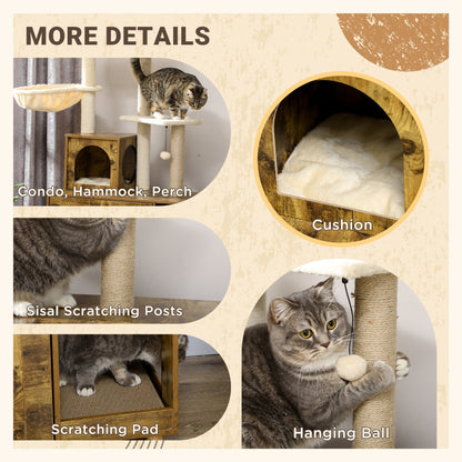 Litter Box Enclosure with Cat Tree Tower, Hidden Cat Washroom Furniture with Condo, Scratching Posts, Large Platform, Hammock and Soft Cushion, Rustic Brown - Gallery Canada