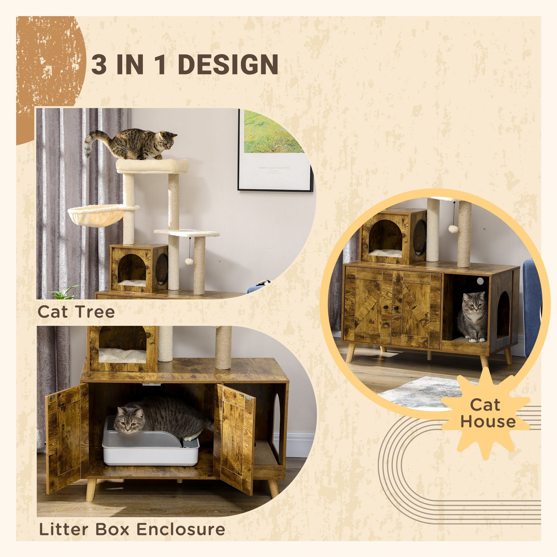 Cat Tree Tower with Litter Box Enclosure, Condo, Scratching Posts, Hammock, Rustic Brown Cat Litter Box Enclosures   at Gallery Canada