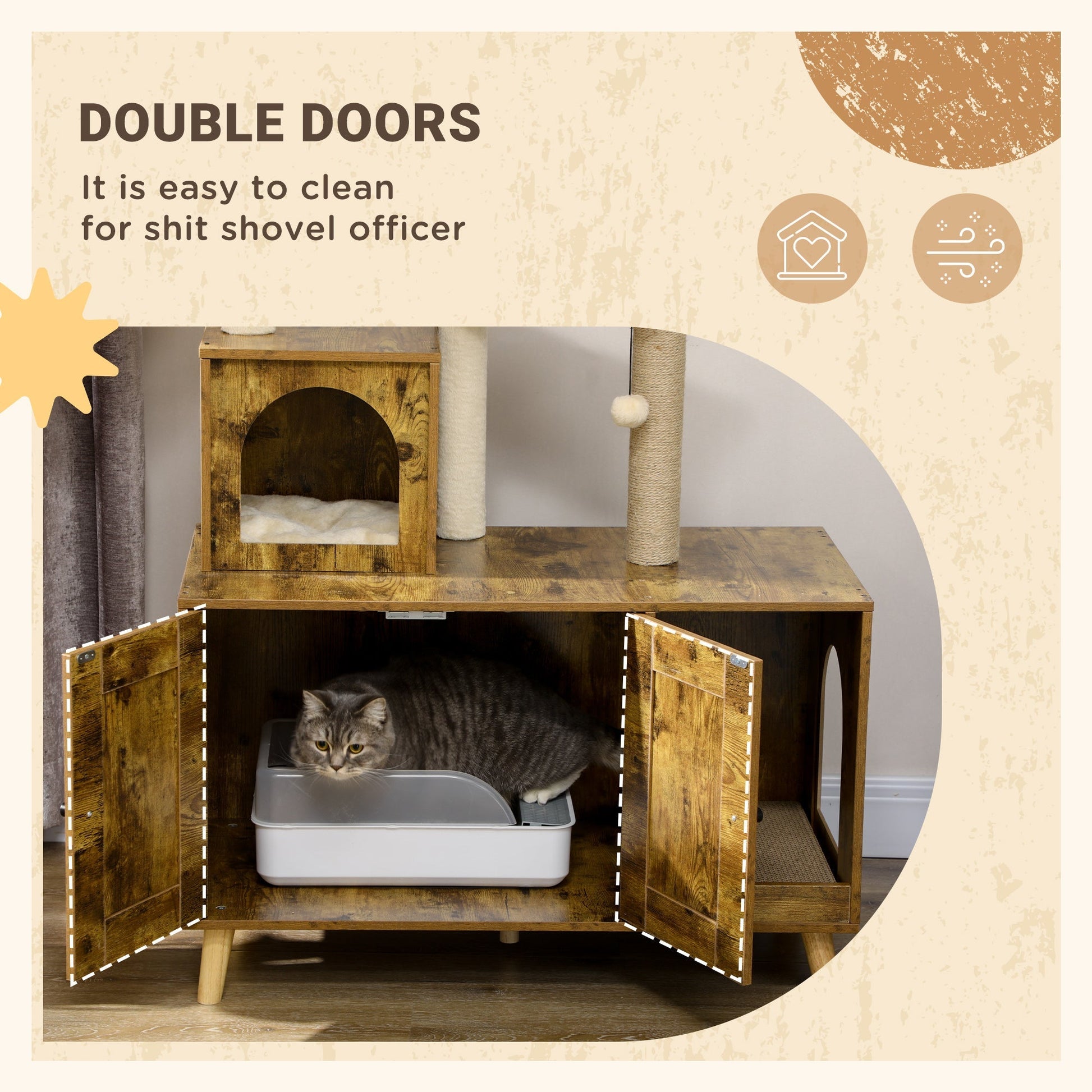 Litter Box Enclosure with Cat Tree Tower, Hidden Cat Washroom Furniture with Condo, Scratching Posts, Large Platform, Hammock and Soft Cushion, Rustic Brown - Gallery Canada