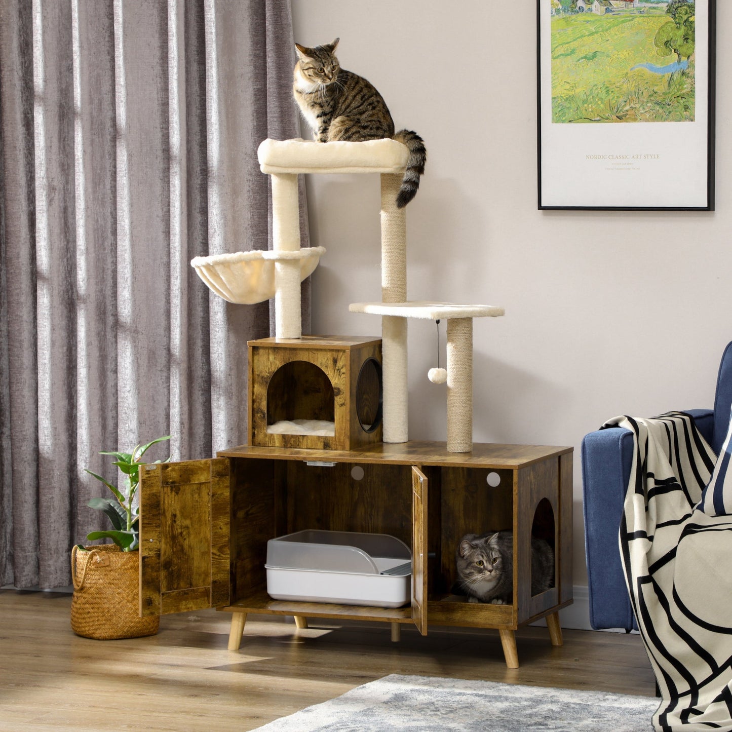 Cat Tree Tower with Litter Box Enclosure, Condo, Scratching Posts, Hammock, Rustic Brown Cat Litter Box Enclosures   at Gallery Canada