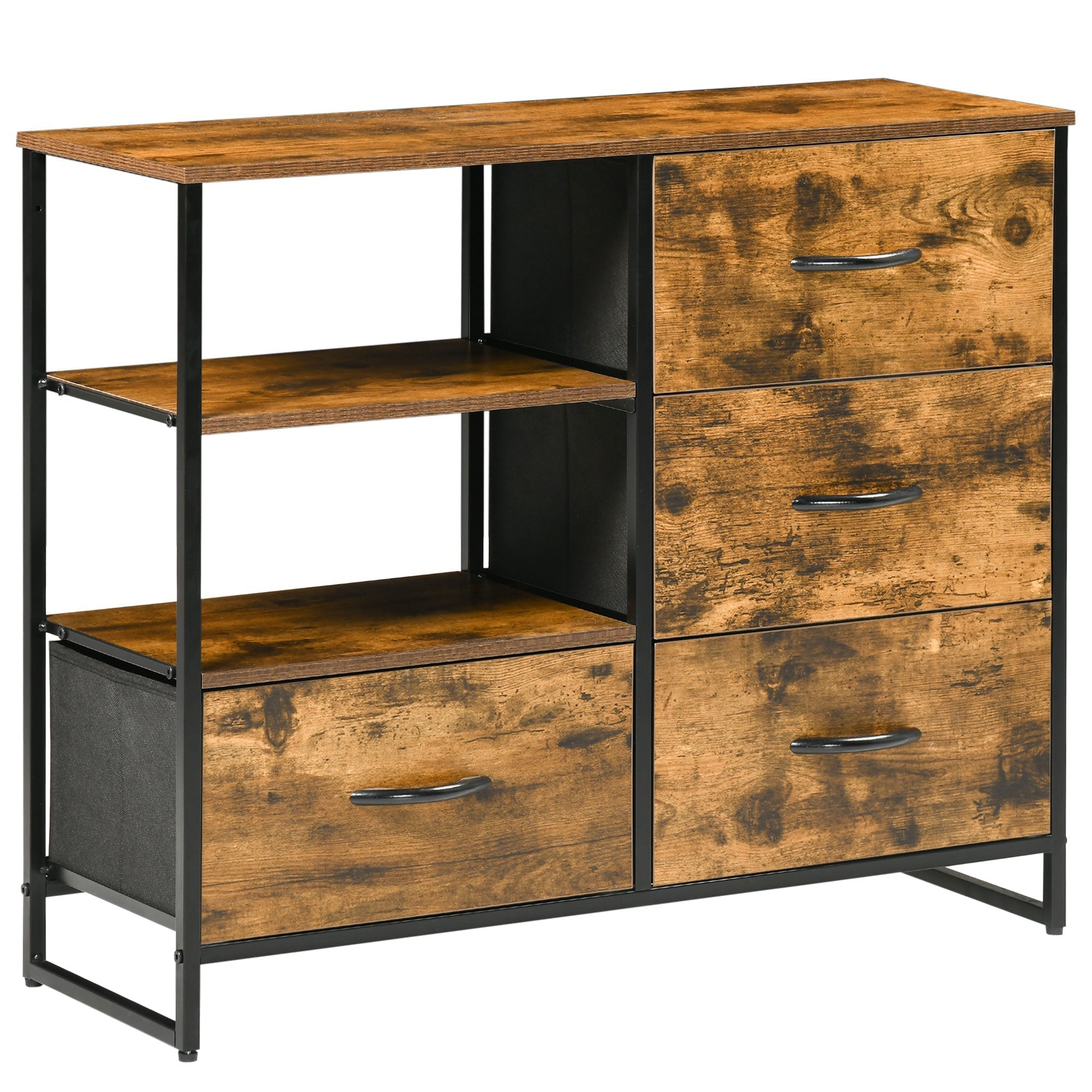 Living Room Storage Cabinet, Industrial Accent Cabinet with 4 Fabric Bins, 2 Open Shelves for Living Room, Rustic Brown Storage Cabinets Multi Colour  at Gallery Canada