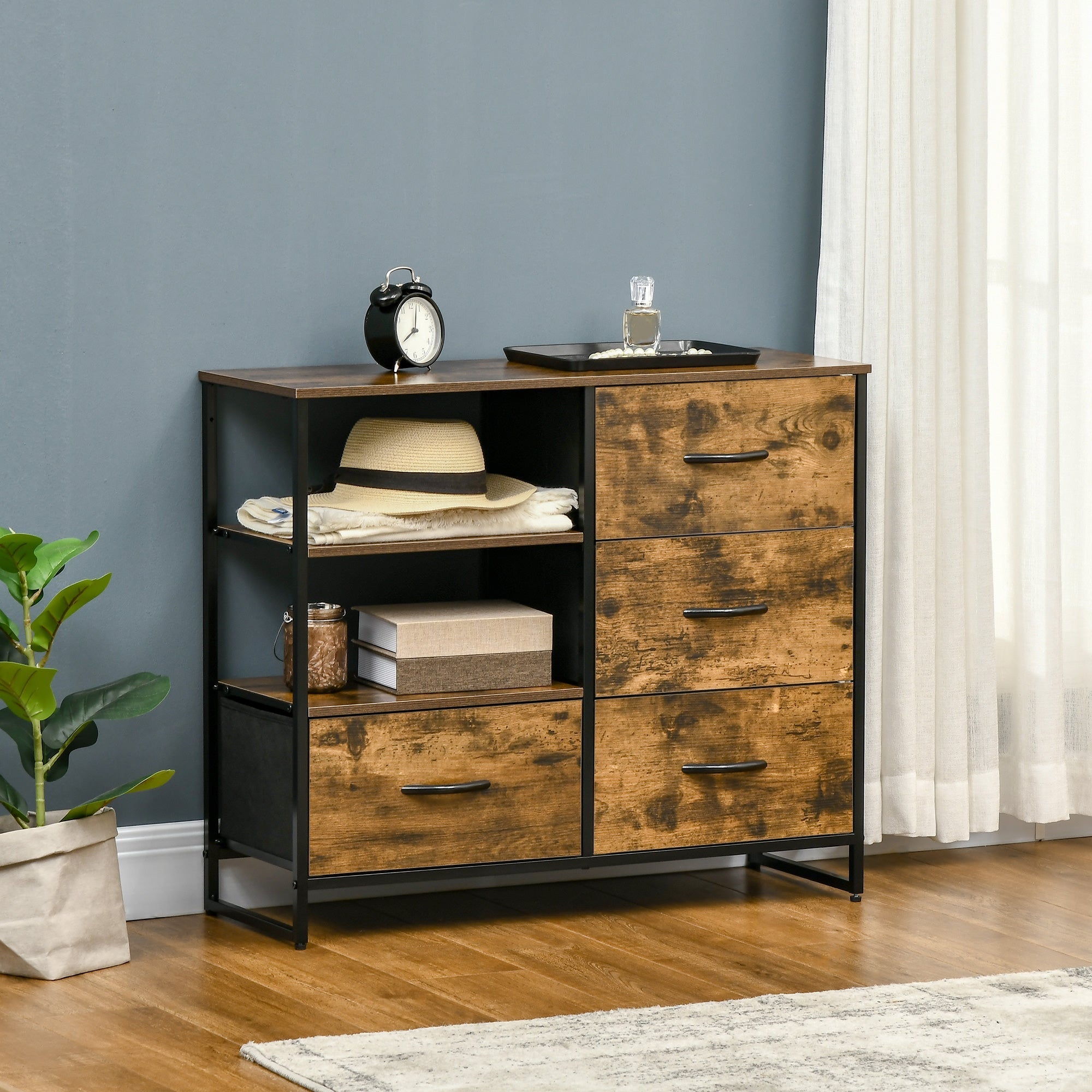 Living Room Storage Cabinet, Industrial Accent Cabinet with 4 Fabric Bins, 2 Open Shelves for Living Room, Rustic Brown Storage Cabinets   at Gallery Canada