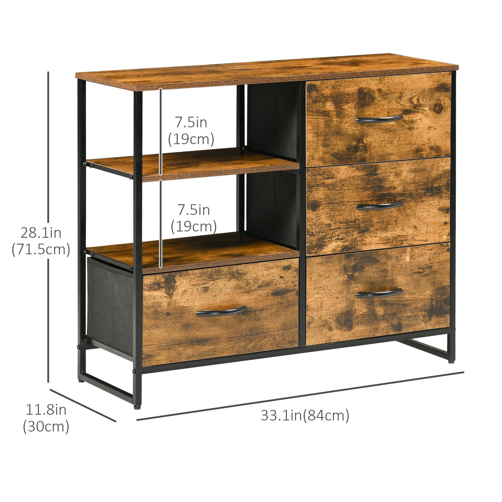 Living Room Storage Cabinet, Industrial Accent Cabinet with 4 Fabric Bins, 2 Open Shelves for Living Room, Rustic Brown Storage Cabinets   at Gallery Canada