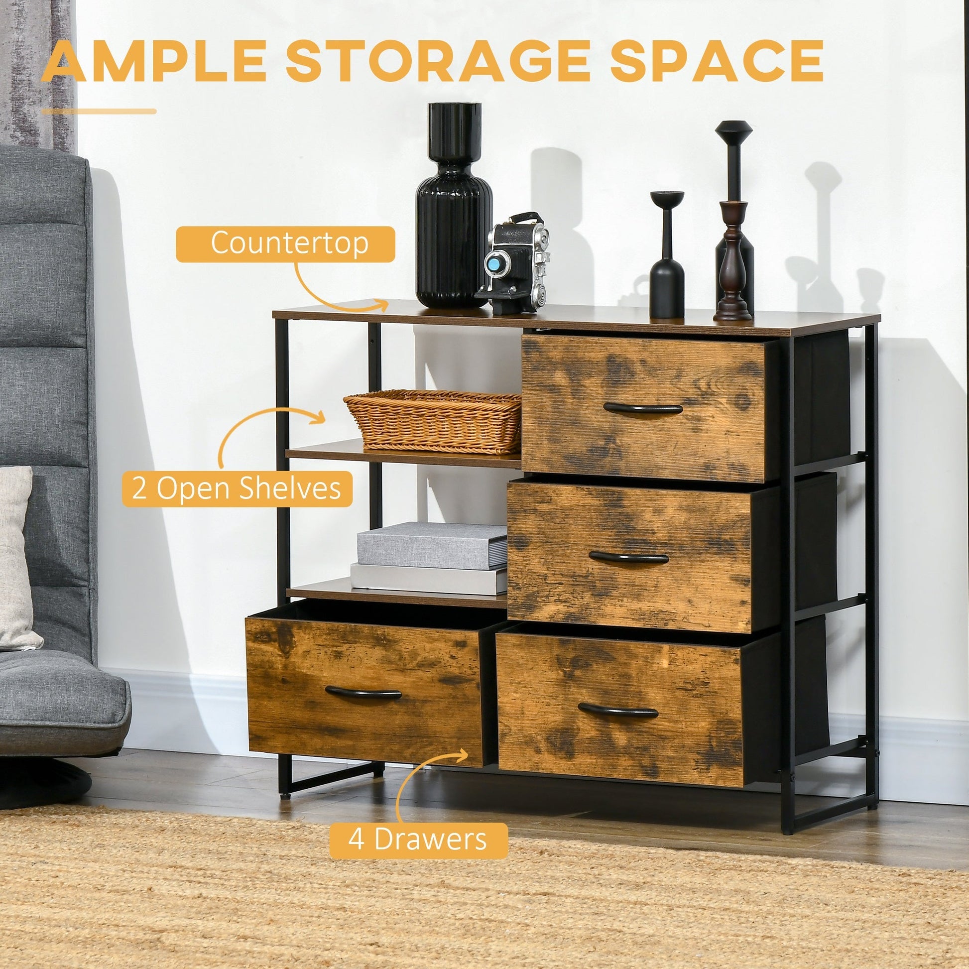 Living Room Storage Cabinet, Industrial Accent Cabinet with 4 Fabric Bins, 2 Open Shelves for Living Room, Rustic Brown Storage Cabinets   at Gallery Canada