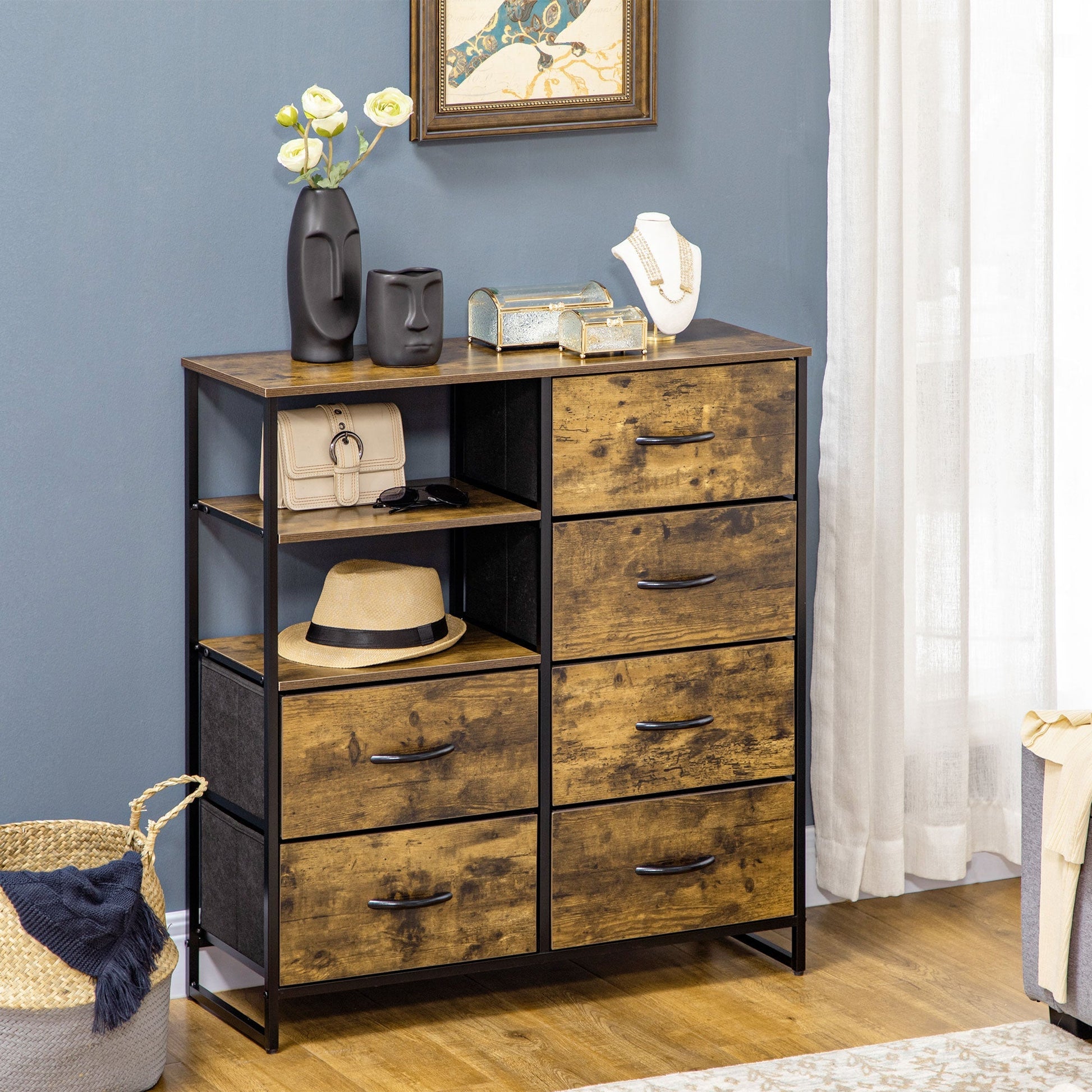 Living Room Storage Cabinet, Industrial Accent Cabinet with 6 Fabric Bins, 2 Open Shelves for Living Room, Rustic Brown Storage Cabinets   at Gallery Canada