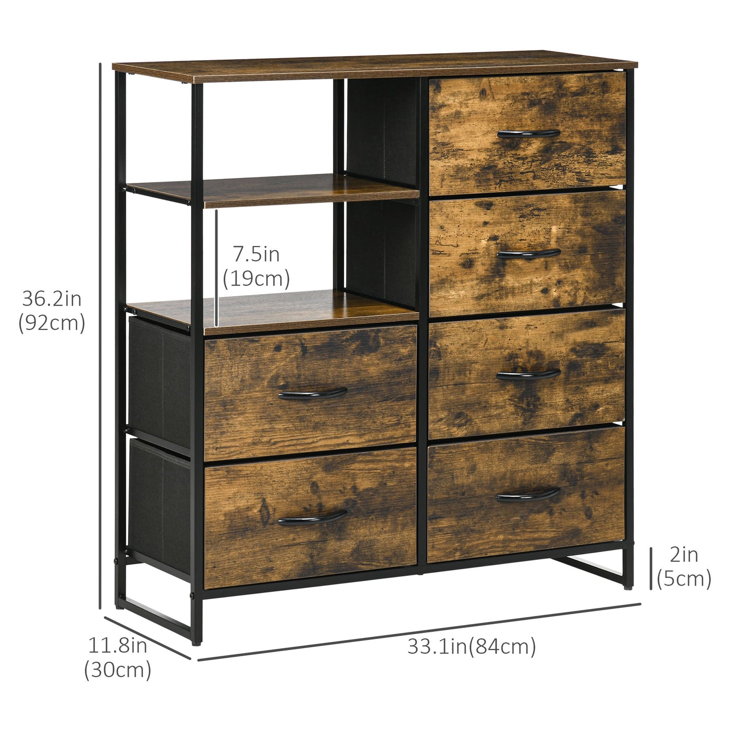 Living Room Storage Cabinet, Industrial Accent Cabinet with 6 Fabric Bins, 2 Open Shelves for Living Room, Rustic Brown Storage Cabinets   at Gallery Canada