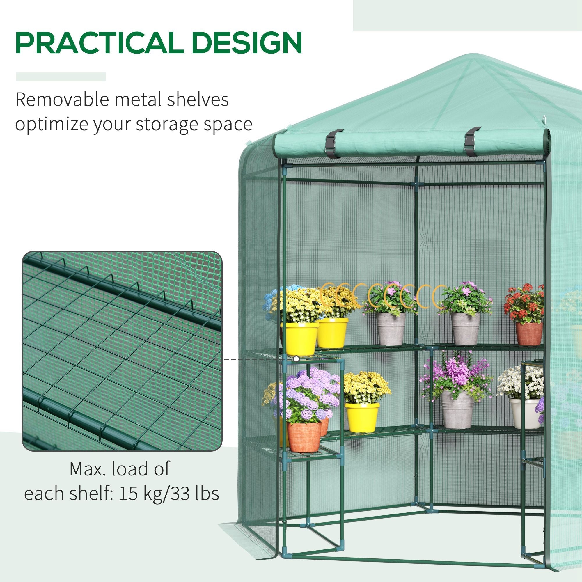 Hexagonal Walk-in Greenhouse with 3-Tier Shelves, Roll-up Door, Green Walk In Greenhouses   at Gallery Canada