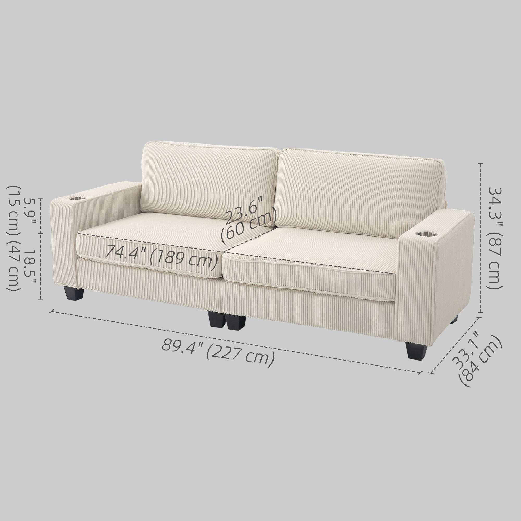 Three Seater Sofa, Fabric 3 Seater Couch with Spring Cushion and Cup Holders for Living Room, Bedroom, Cream White 3-Seater Sofas at Gallery Canada