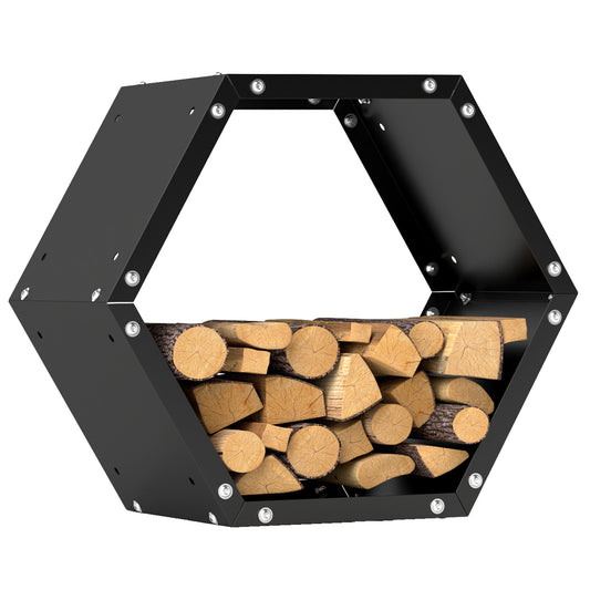 Hexagon Firewood Log Rack Heavy-Duty Steel Log Holder for Outdoor Indoor Use, 25.6" x 14.6" x 22.4", Black Firewood Racks   at Gallery Canada