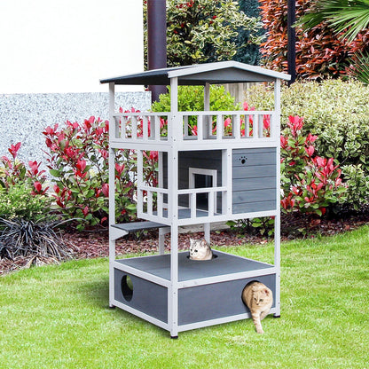 4-Floor Wood Outdoor Cat House Catio for Cats with Condo, Fun Entrances, Perch, Grey Cat Houses   at Gallery Canada