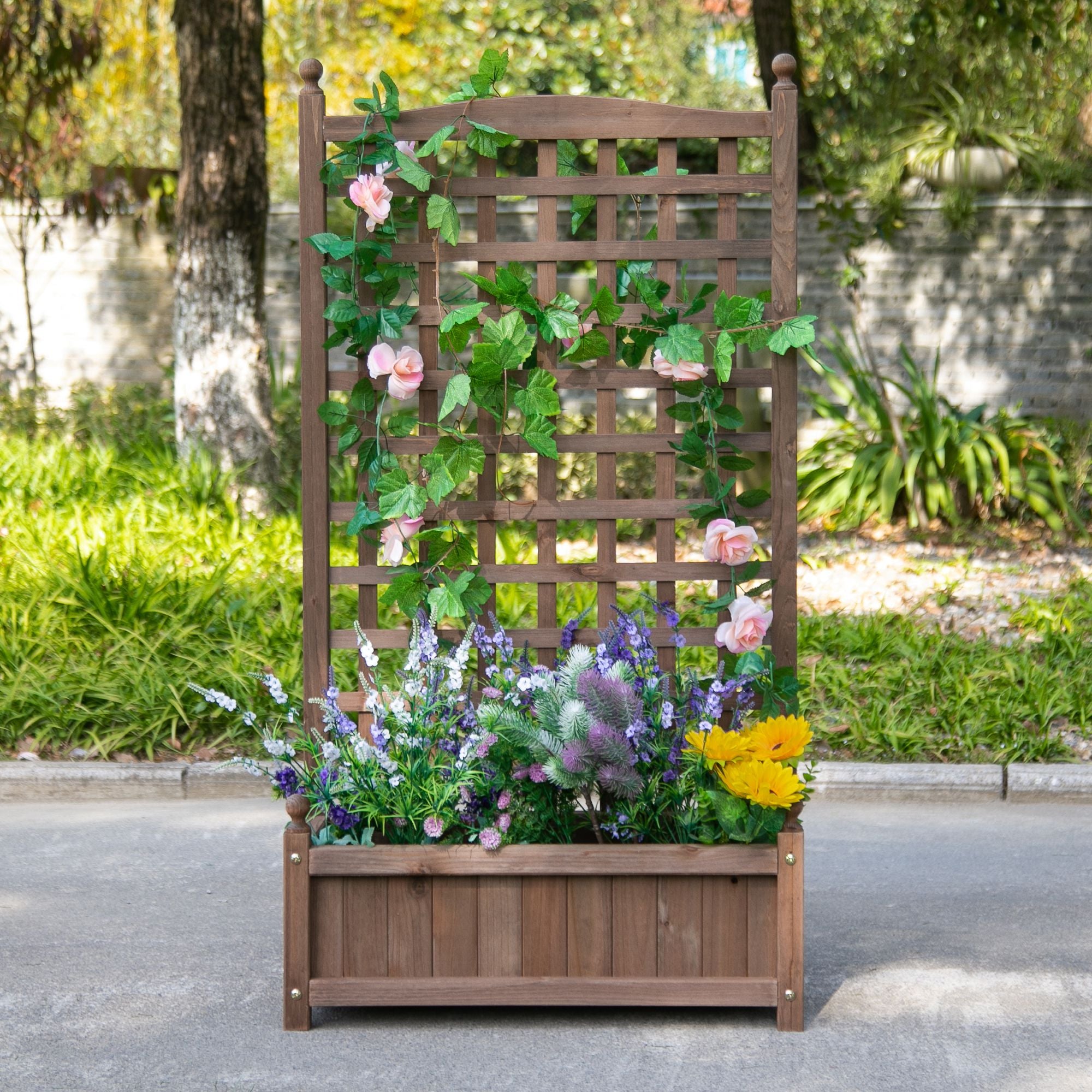 Raised Garden Bed with Trellis, Wood Planter Box for Garden, Free Standing Flower Bed, 25.2