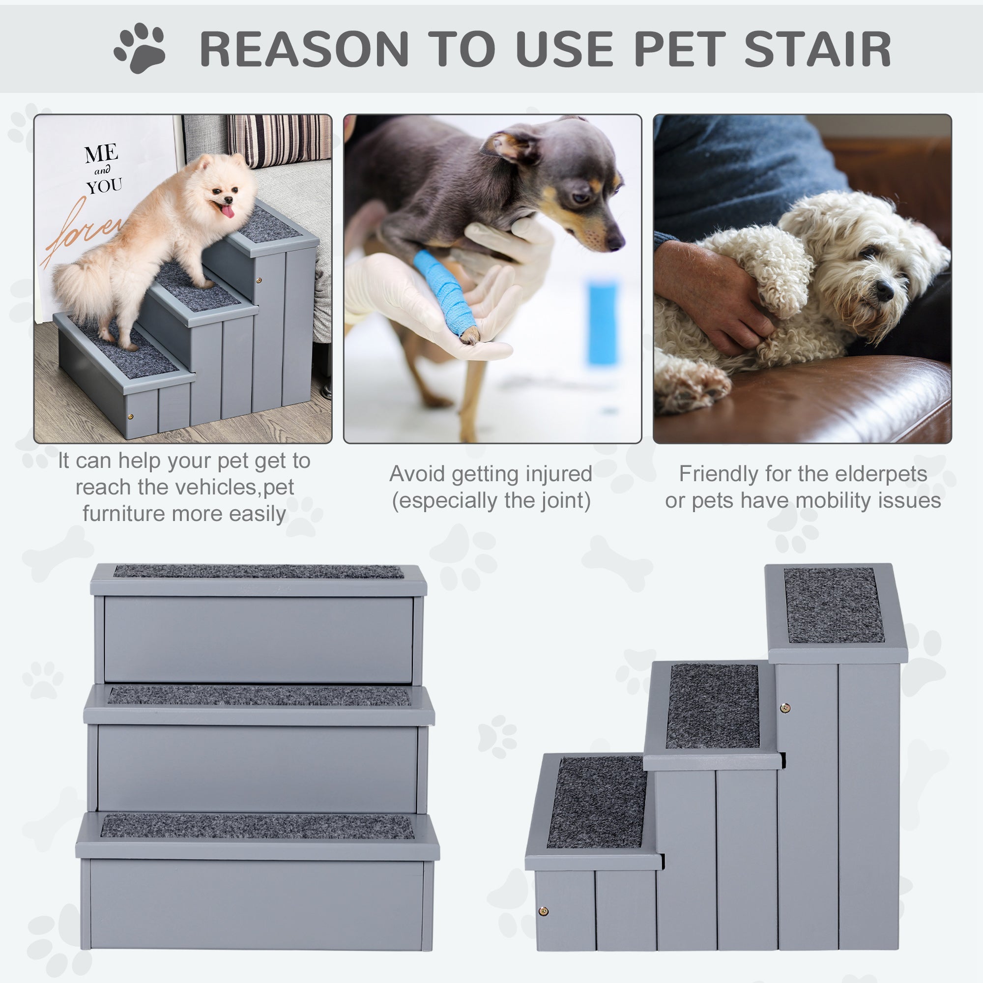 Pet Steps 3-Step Dog Stairs for Small Dogs Cats and Wooden Ramp with Storage Box Carpet Tread, Grey Dog Stairs   at Gallery Canada