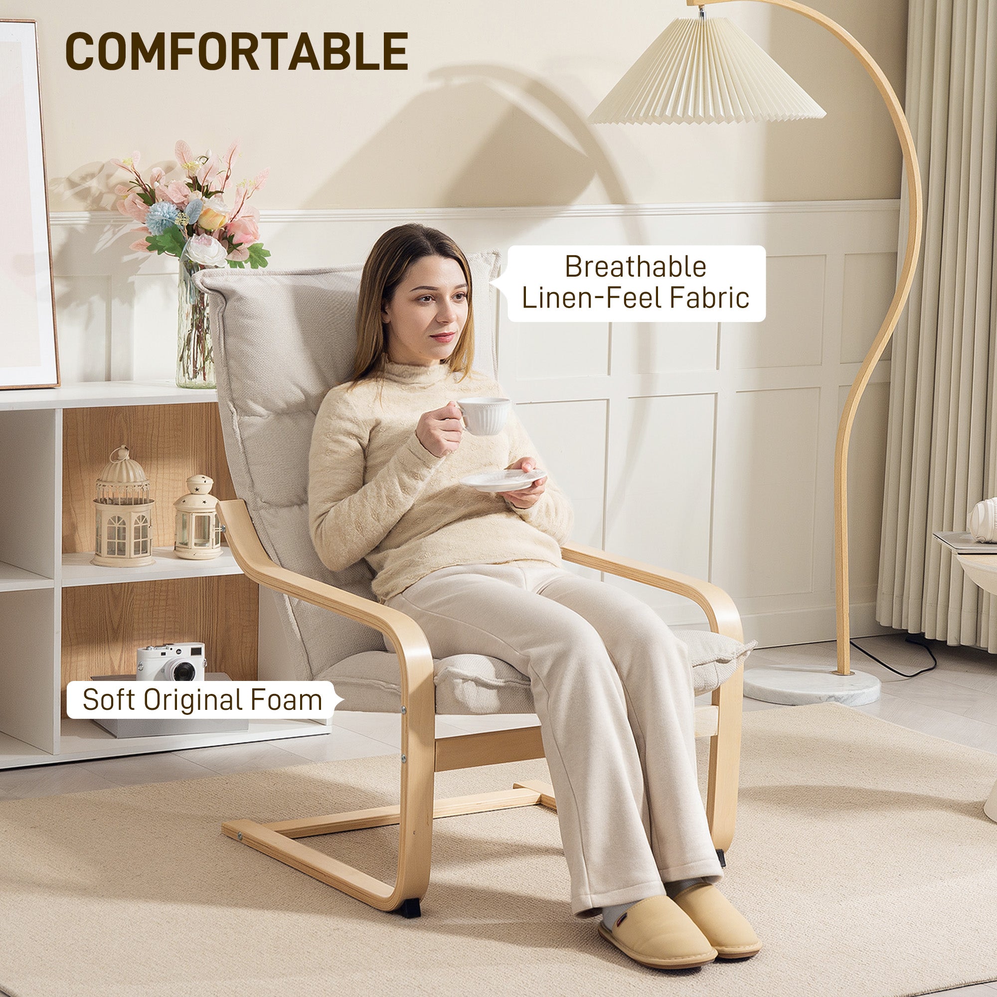Modern Armchair, Upholstered Accent Chair with Curved Leg and Arm, Leisure Lounge Chair for Living Room, Cream White Accent Chairs at Gallery Canada