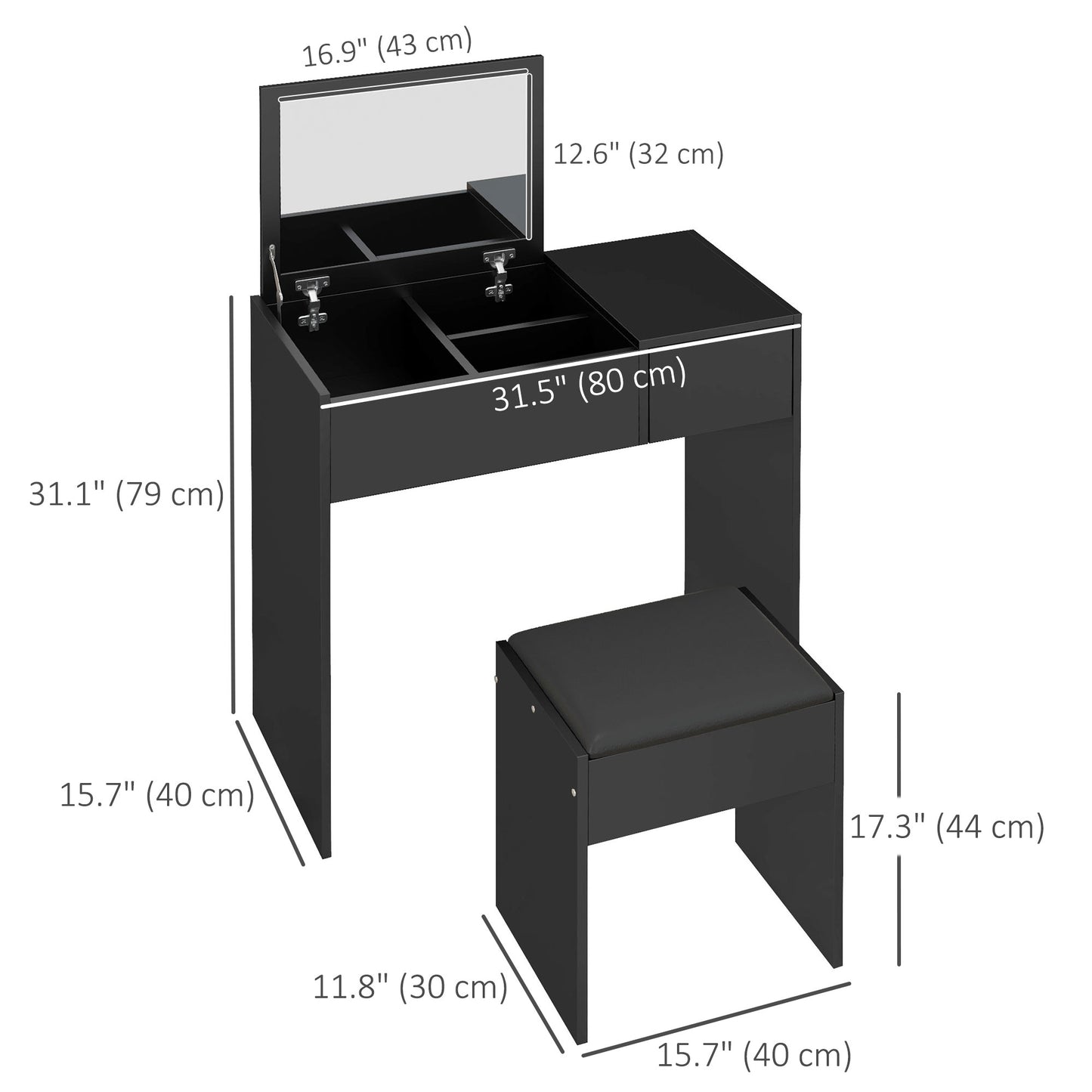 Modern Vanity Set with Flip Top Mirror and Cushioned Stool, Dressing Table with Storage Drawer for Bedroom, Black Dressing & Vanity Tables   at Gallery Canada