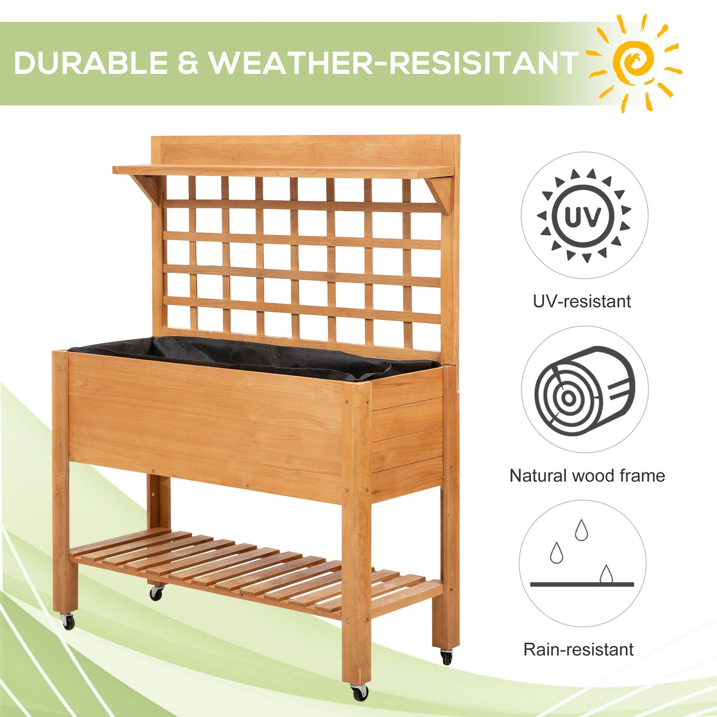 Wooden Raised Garden Bed Planter with Shelf and Wheels, 41.25"x15.75"x53.25", Natural Elevated Garden Beds   at Gallery Canada