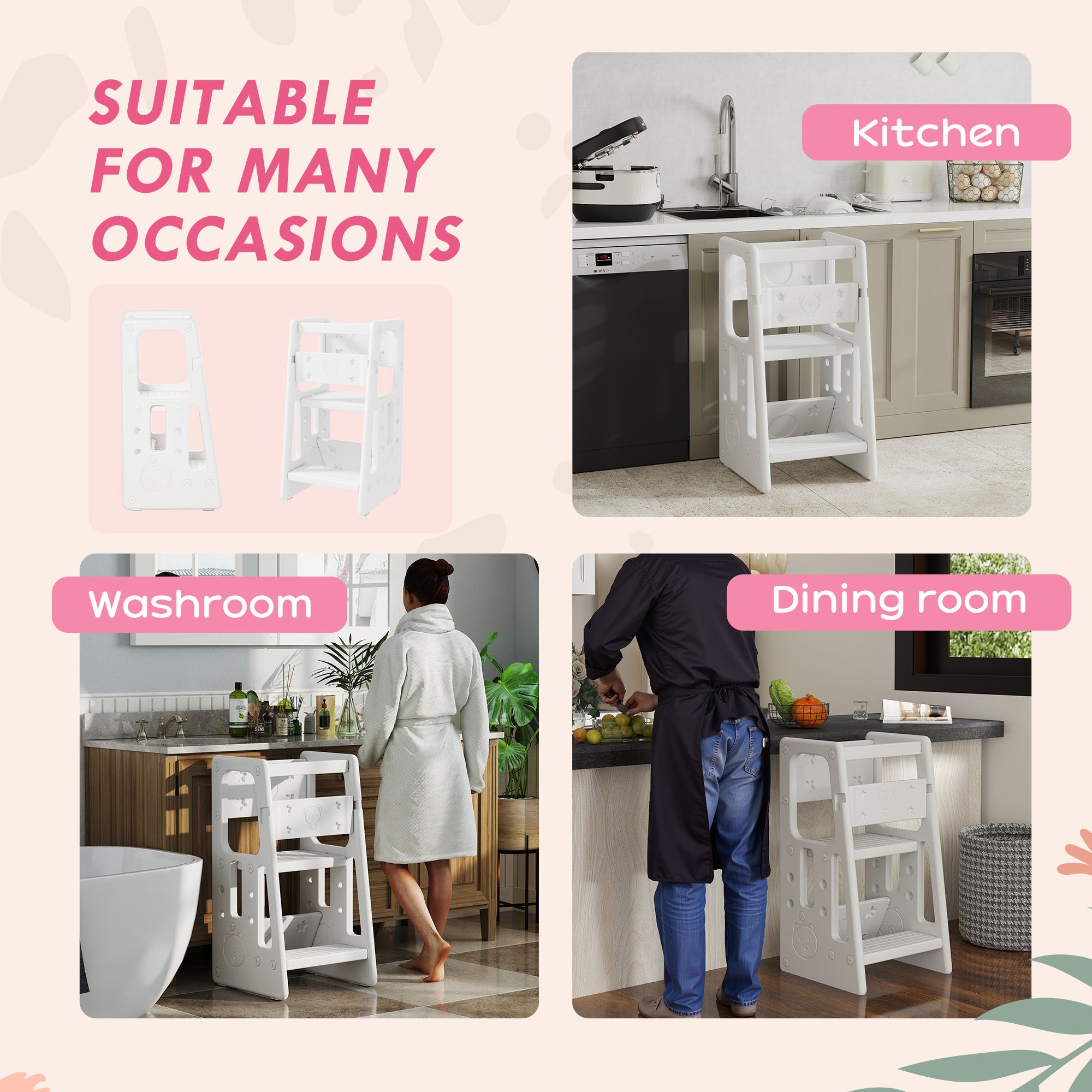 Toddler Kitchen Helper 2 Step Stool with Adjustable Height Platform and Safety Rail, White Toddler & Kids Step Stools at Gallery Canada
