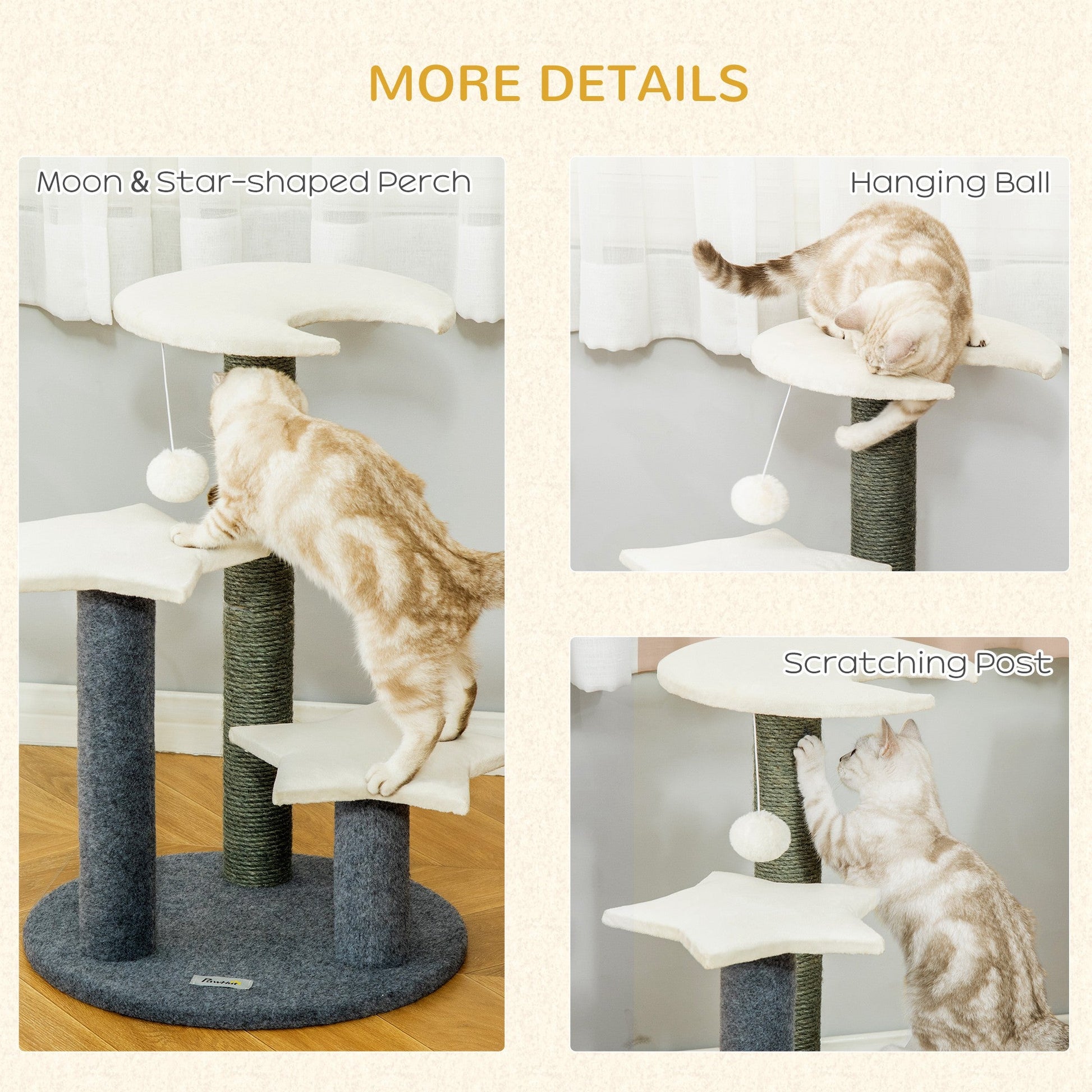 30" Cat Tree Kitty Activity Center Climbing Toy Rest Pet Furniture with Sisal Scratching Post Moon Star Shaped Perch Hanging Ball Grey, White Cat Posts   at Gallery Canada