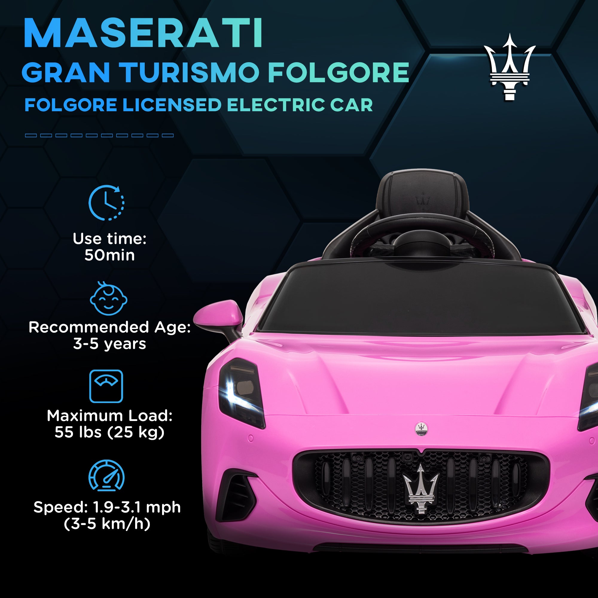 12V Maserati Gran Turismo Licensed Kids Electric Car w/ Remote Control, Soft Start, LED Lights, Music, Horn, MP3, Pink Electric Toy Cars   at Gallery Canada