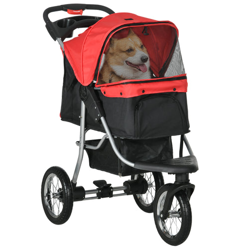 Luxury Pet Stroller Lightweight Dog Cat Travel Carriage with 3-Rubber Wheels, One-click Folding Design, Adjustable Canopy, Zippered Mesh Window Door, Red