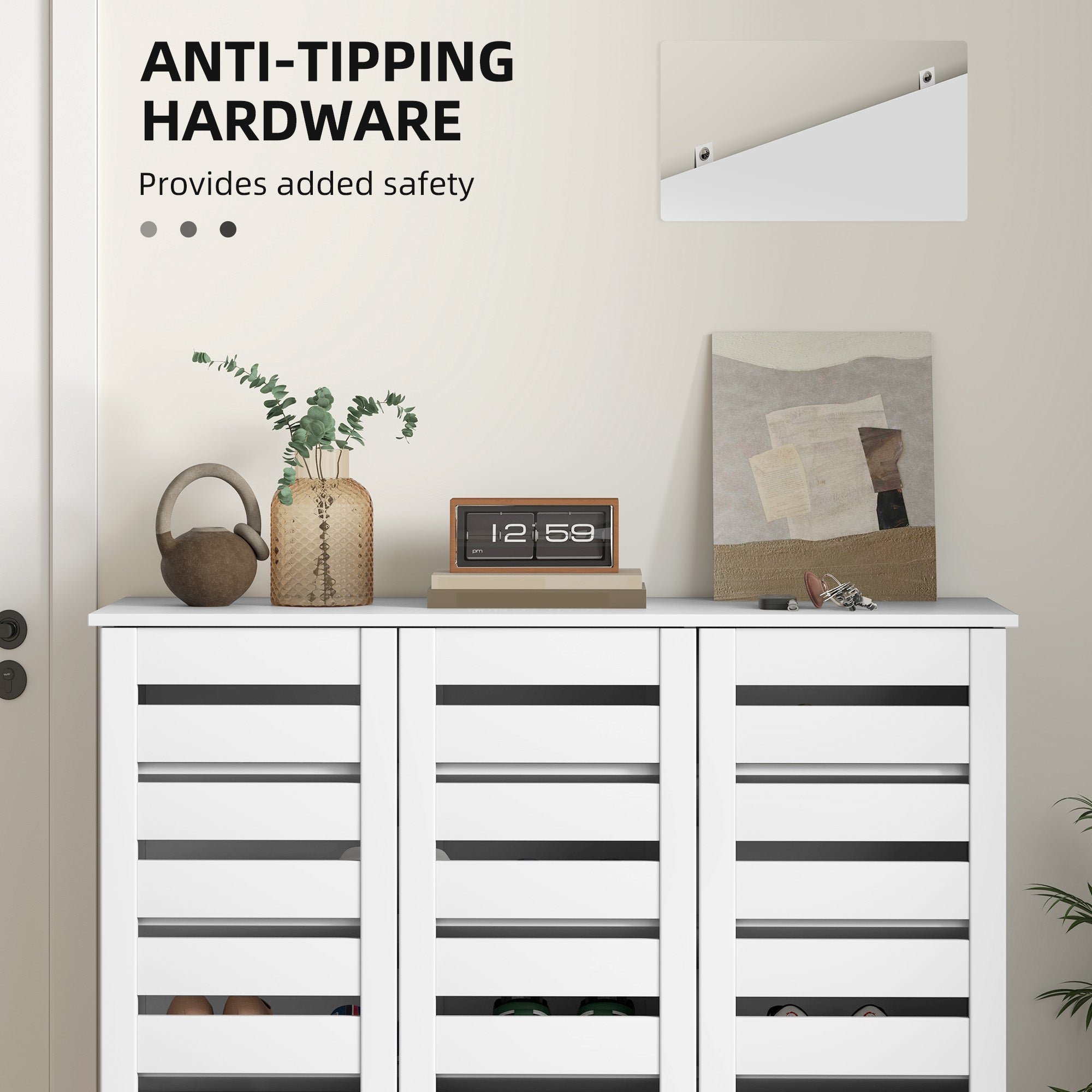 Narrow Shoe Cabinet with Slatted Doors, Adjustable Shelves for 20 Pairs of Shoes, Shoe Cabinet for Entryway, White Shoe Storage Cabinets & Racks at Gallery Canada