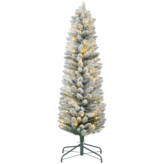 5ft Artificial Prelit Christmas Tree with Warm White LED Light, Snow Flocked Branches, Metal Base, Pencil Xmas Tree Pre Lit Christmas Trees   at Gallery Canada