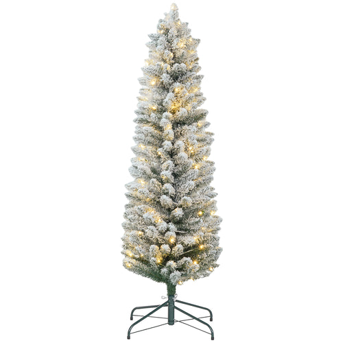 5ft Artificial Prelit Christmas Tree with Warm White LED Light, Snow Flocked Branches, Metal Base, Pencil Xmas Tree