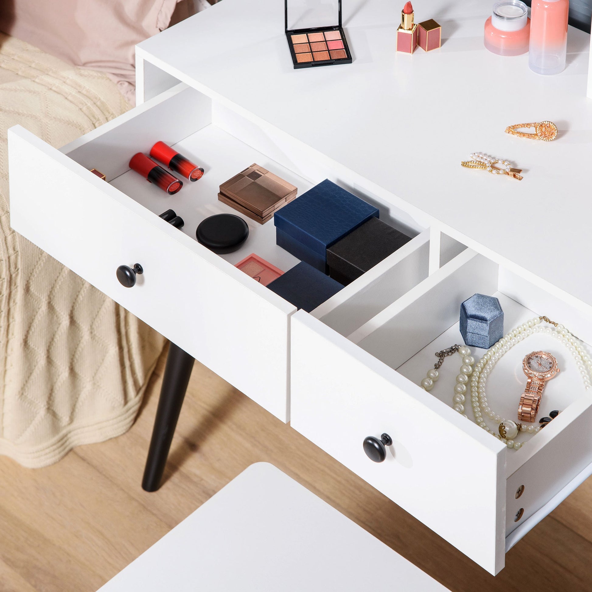 Vanity Set, Makeup Dressing Table Set with Stool, Wood Vanity Desk with Mirror, Storage Drawers and Shelf for Bedroom, White and Black Dressing & Vanity Tables   at Gallery Canada