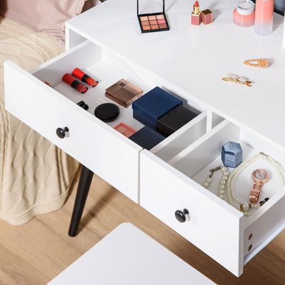 Vanity Set, Makeup Dressing Table Set with Stool, Wood Vanity Desk with Mirror, Storage Drawers and Shelf for Bedroom, White and Black Dressing & Vanity Tables   at Gallery Canada