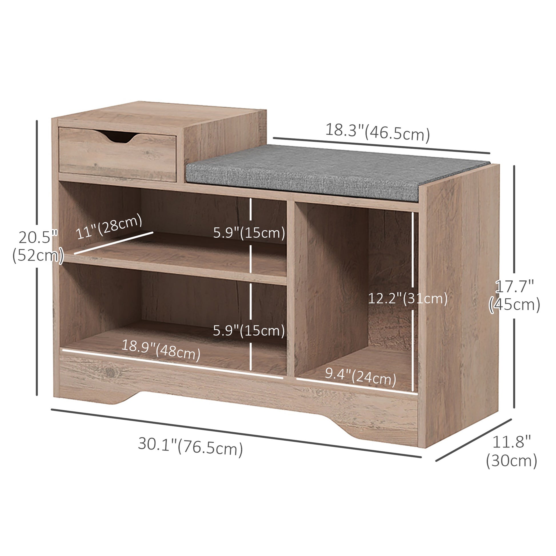 Upholstered Shoe Storage Bench, Hallway Shoe Storage with Seat, Drawer, 3 Open Shelves for Entryway, Grey Shoe Storage Cabinets & Racks   at Gallery Canada