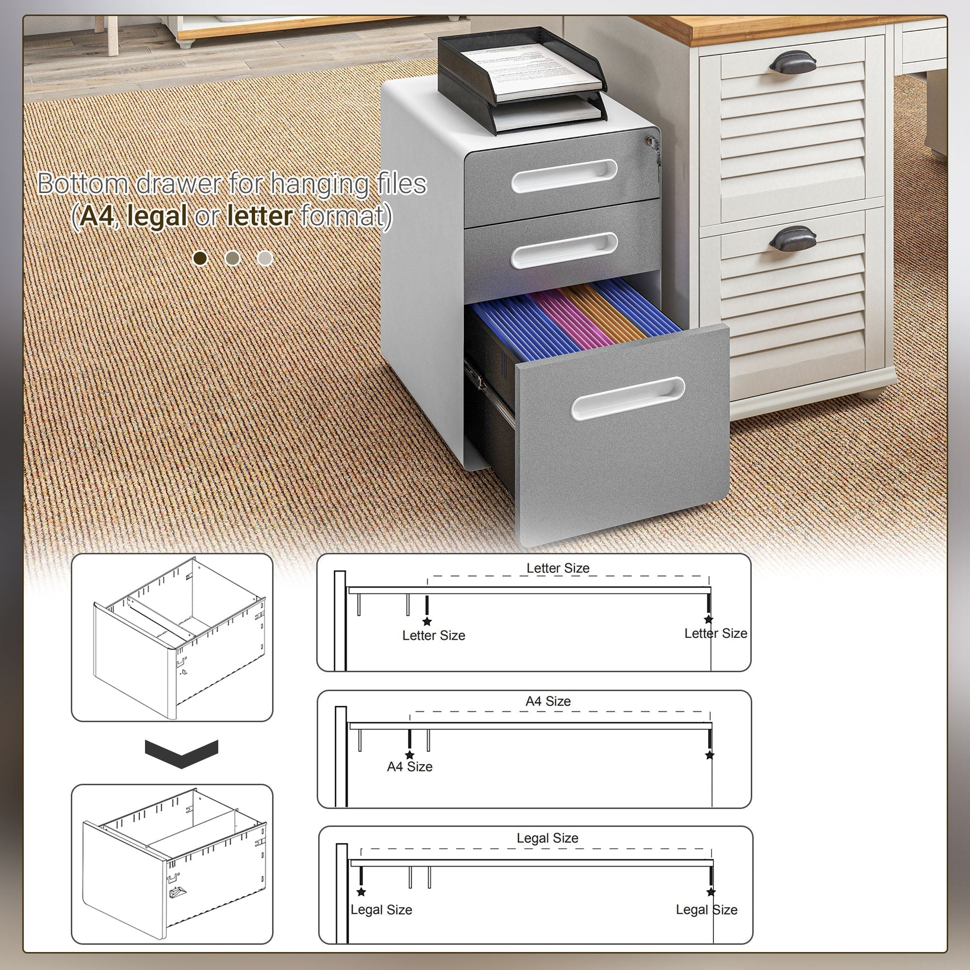 Lockable File Cabinet, Steel Filing Cabinet on Wheels for Legal, A4, Letter Size, Home Office Office Cabinets & Cupboards   at Gallery Canada