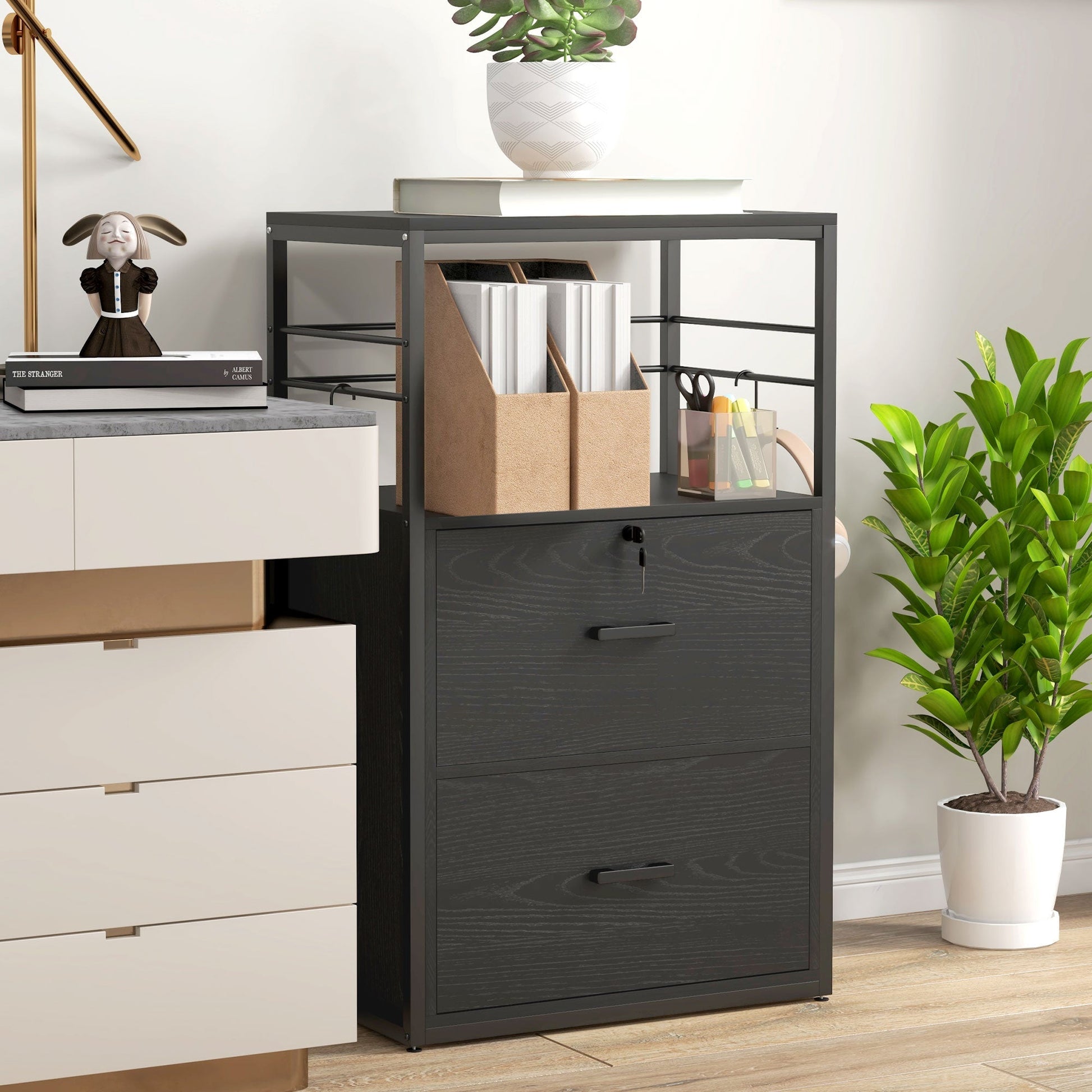 Lockable Filing Cabinet, 2 Drawer File Cabinet with Adjustable Hanging Bar for Letter, A4 and Legal Size, Black Office Cabinets & Cupboards   at Gallery Canada