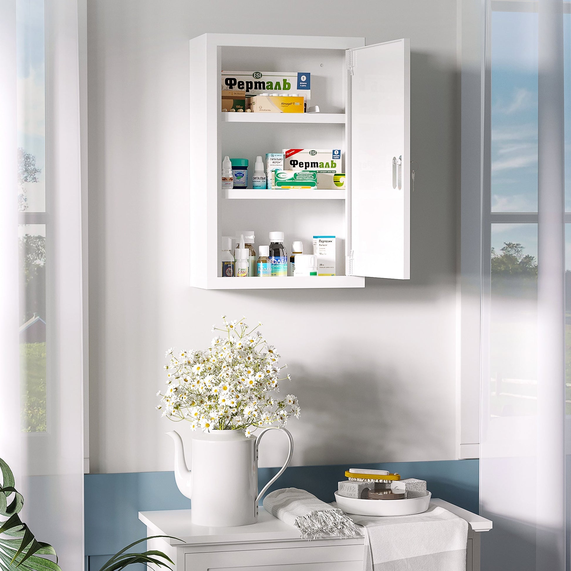 Lockable Medicine Cabinet, 3 Tier Steel Medical Wall Box with 2 Keys and Shelves for Bathroom, White Mirror Medicine Cabinets   at Gallery Canada