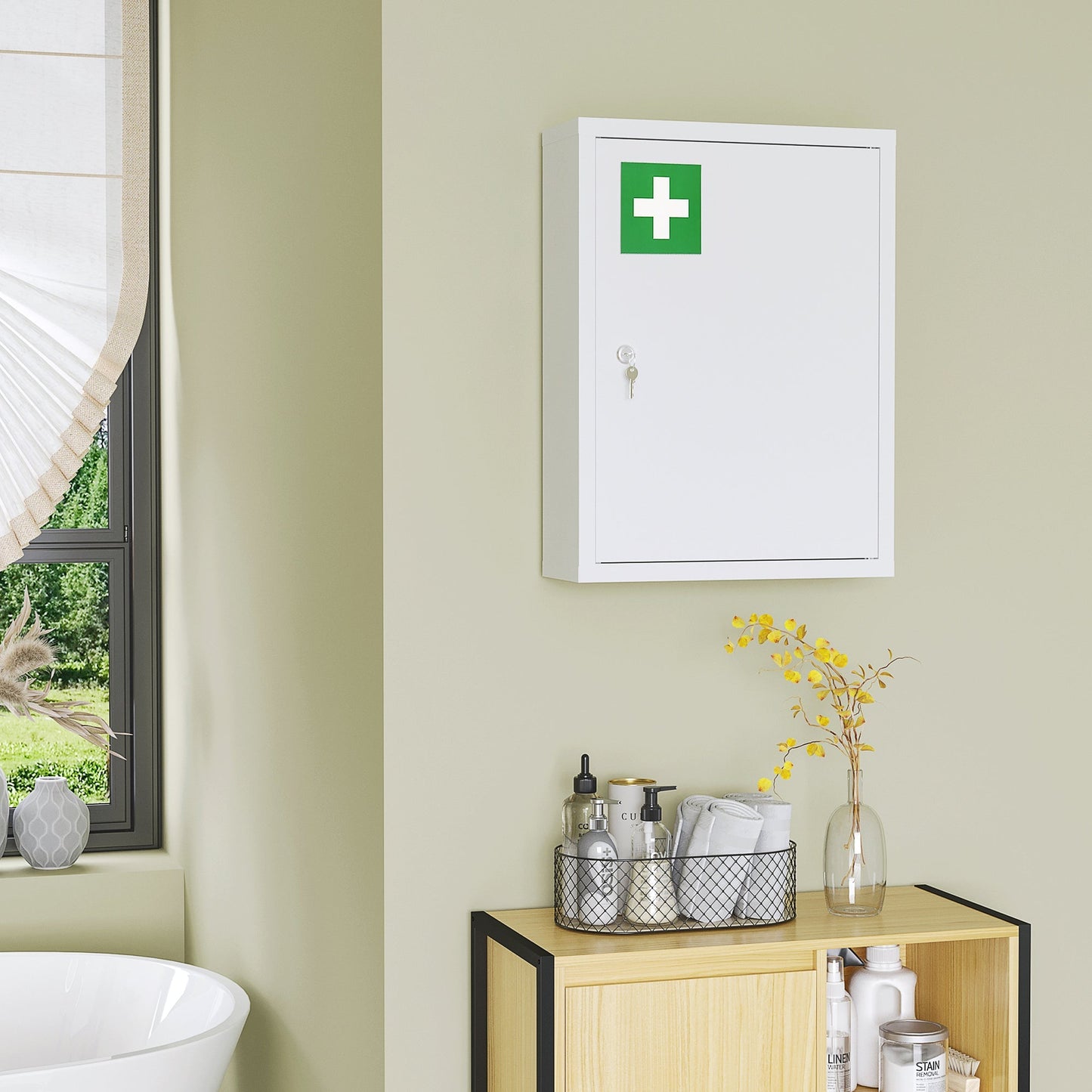 Lockable Medicine Cabinet, 3 Tier Steel Medical Wall Box with 2 Keys and Shelves for Bathroom, White Mirror Medicine Cabinets   at Gallery Canada