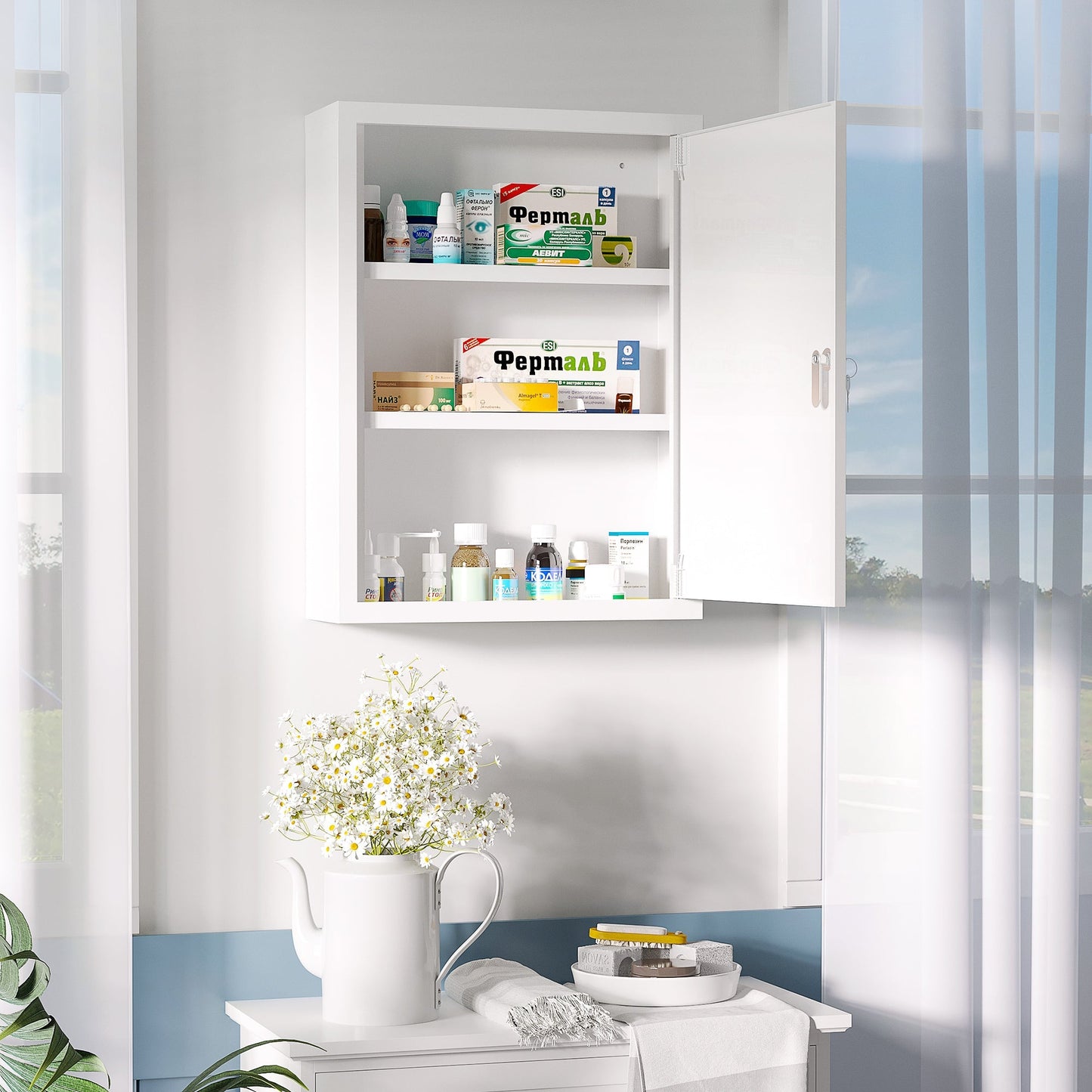 Lockable Medicine Cabinet, 3 Tier Steel Medical Wall Box with 2 Keys and Shelves for Bathroom, White Mirror Medicine Cabinets   at Gallery Canada