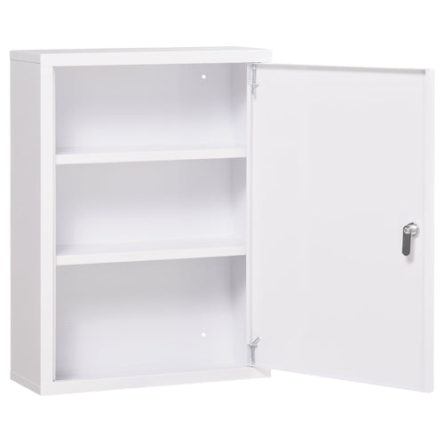 Lockable Medicine Cabinet, 3 Tier Steel Medical Wall Box with 2 Keys and Shelves for Bathroom, White