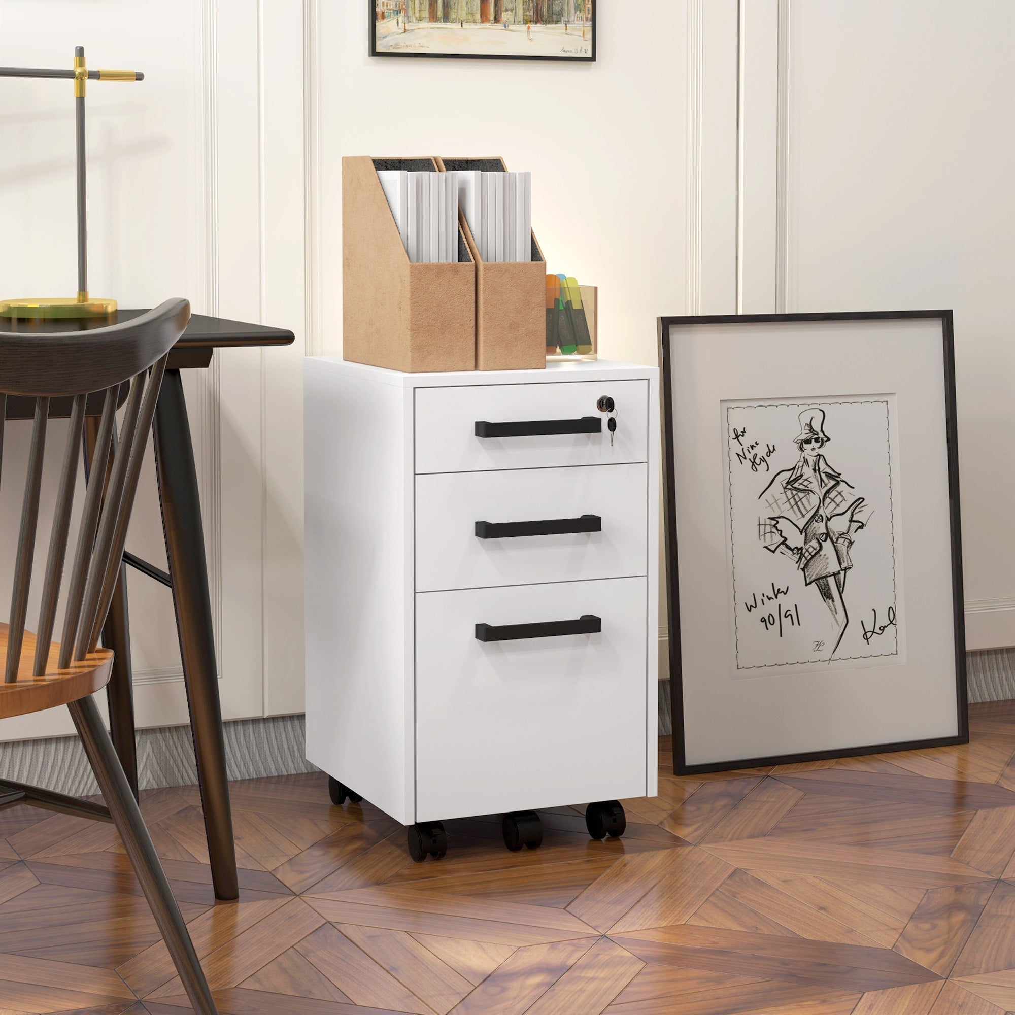 Lockable Vertical File Cabinet with Lock, 3 Drawer Filing Cabinet with Hanging Bars for Letter and A4 Size, White Office Cabinets & Cupboards   at Gallery Canada