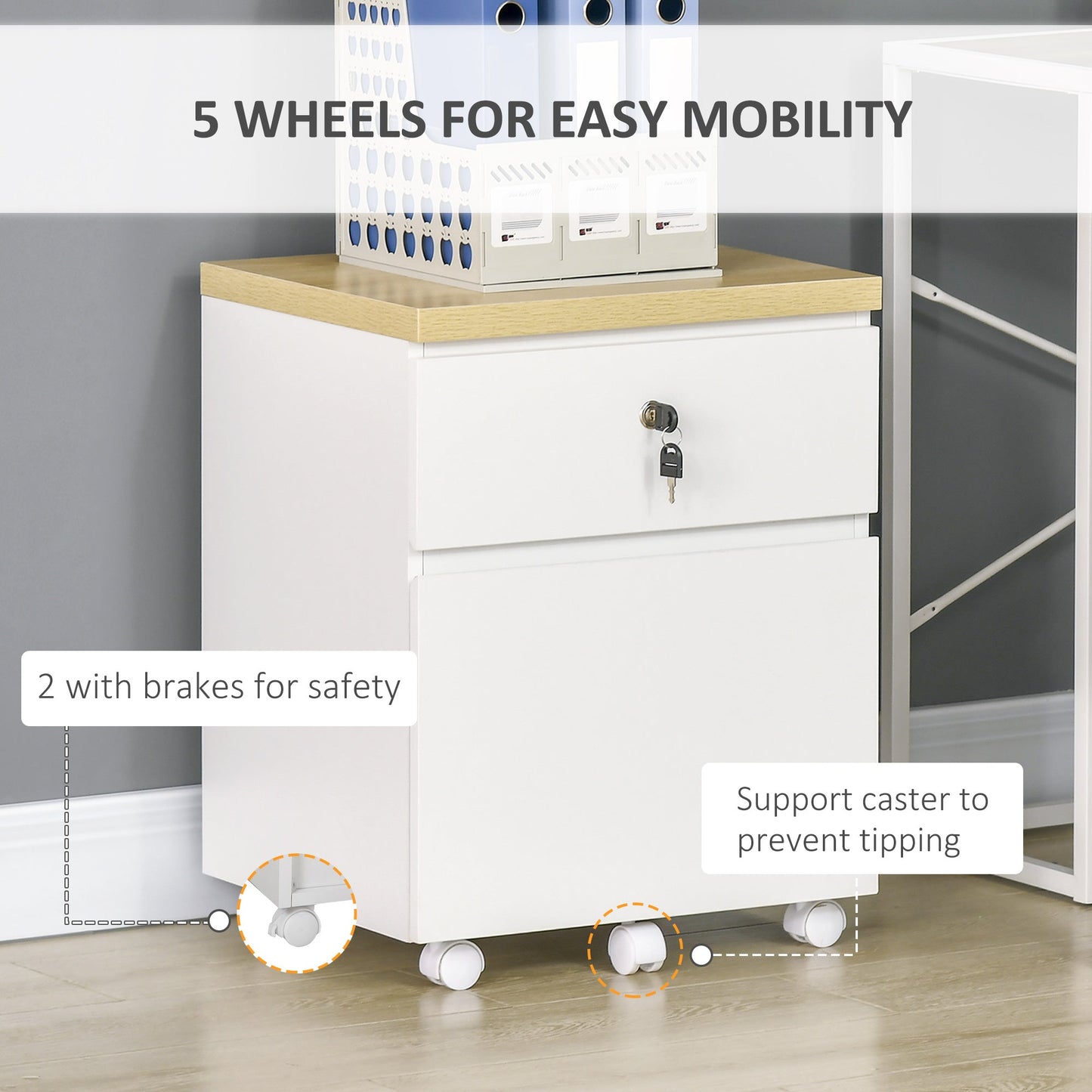 Locking File Cabinet with 2 Drawers, Rolling Filing Cabinet with Hanging Bars for A3 Size and Wheels, for Home Office Study, White Office Cabinets & Cupboards   at Gallery Canada