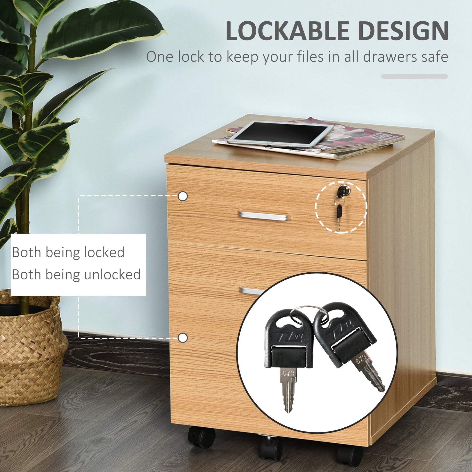 Locking File Cabinet with 2 Drawers, Rolling Filing Cabinet with Wheels, for Study Home Office, Natural Office Cabinets & Cupboards   at Gallery Canada