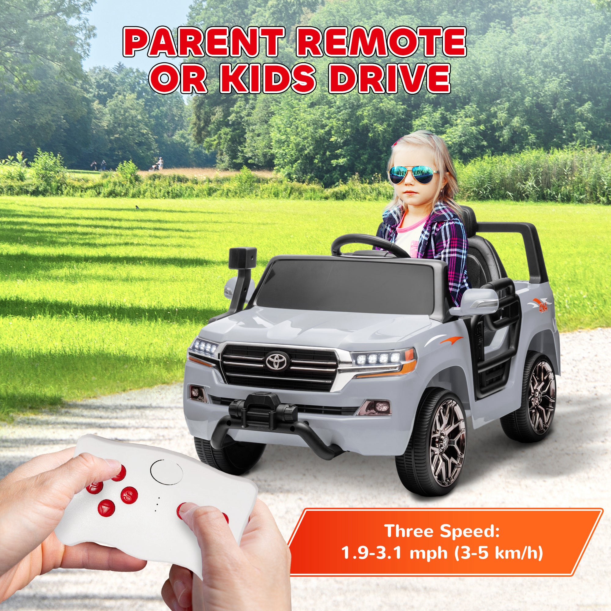 12V Toyota LAND CRUISER Licensed Kids Car w/ Remote Control, Four Wheel Spring Suspension, Soft Start, LED Light, Grey Electric Toy Cars   at Gallery Canada