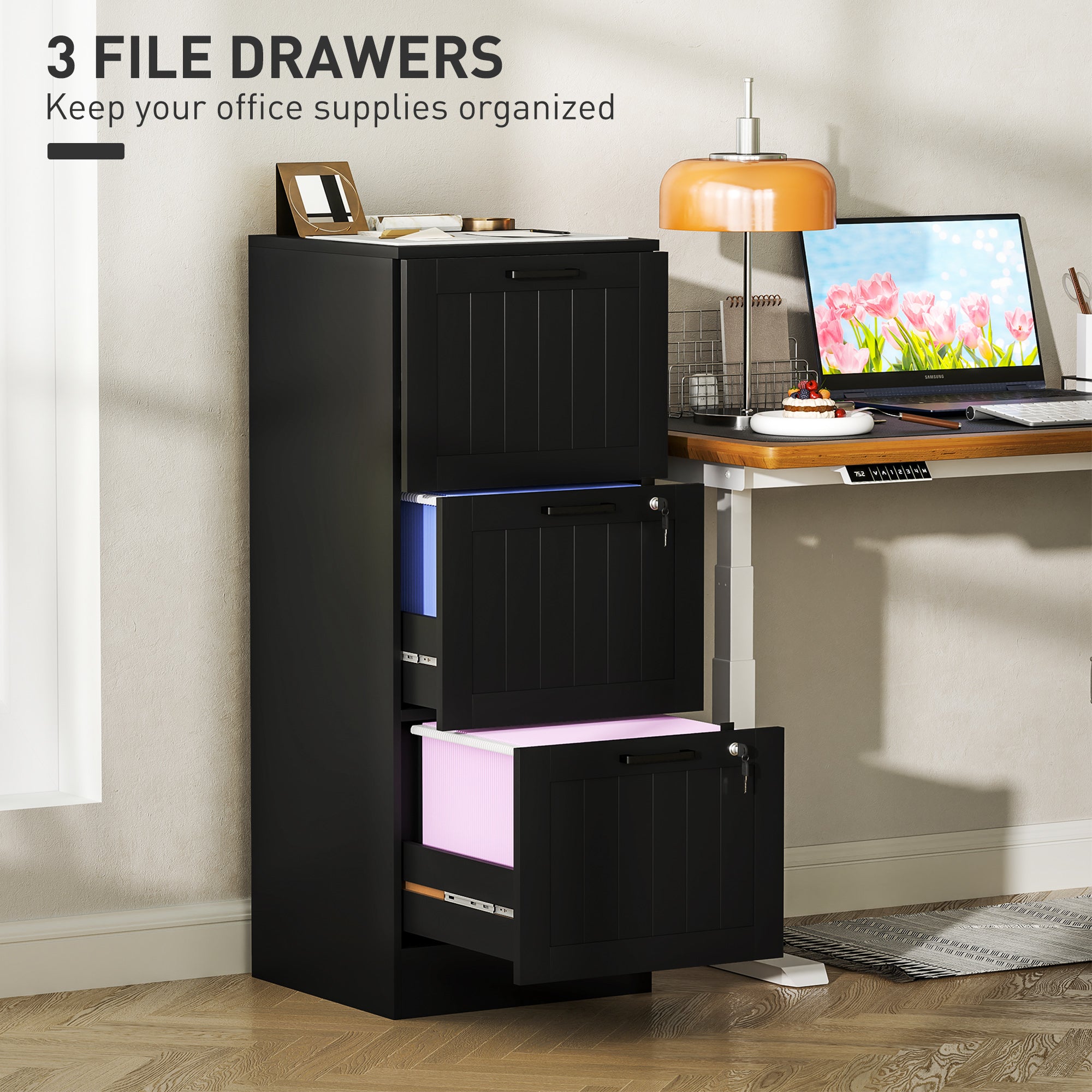 3 Drawer Filing Cabinet with Lock, Office Storage Cabinet with Adjustable Hanging Bars for A4 Letter Size Files, Black Office Cabinets & Cupboards at Gallery Canada