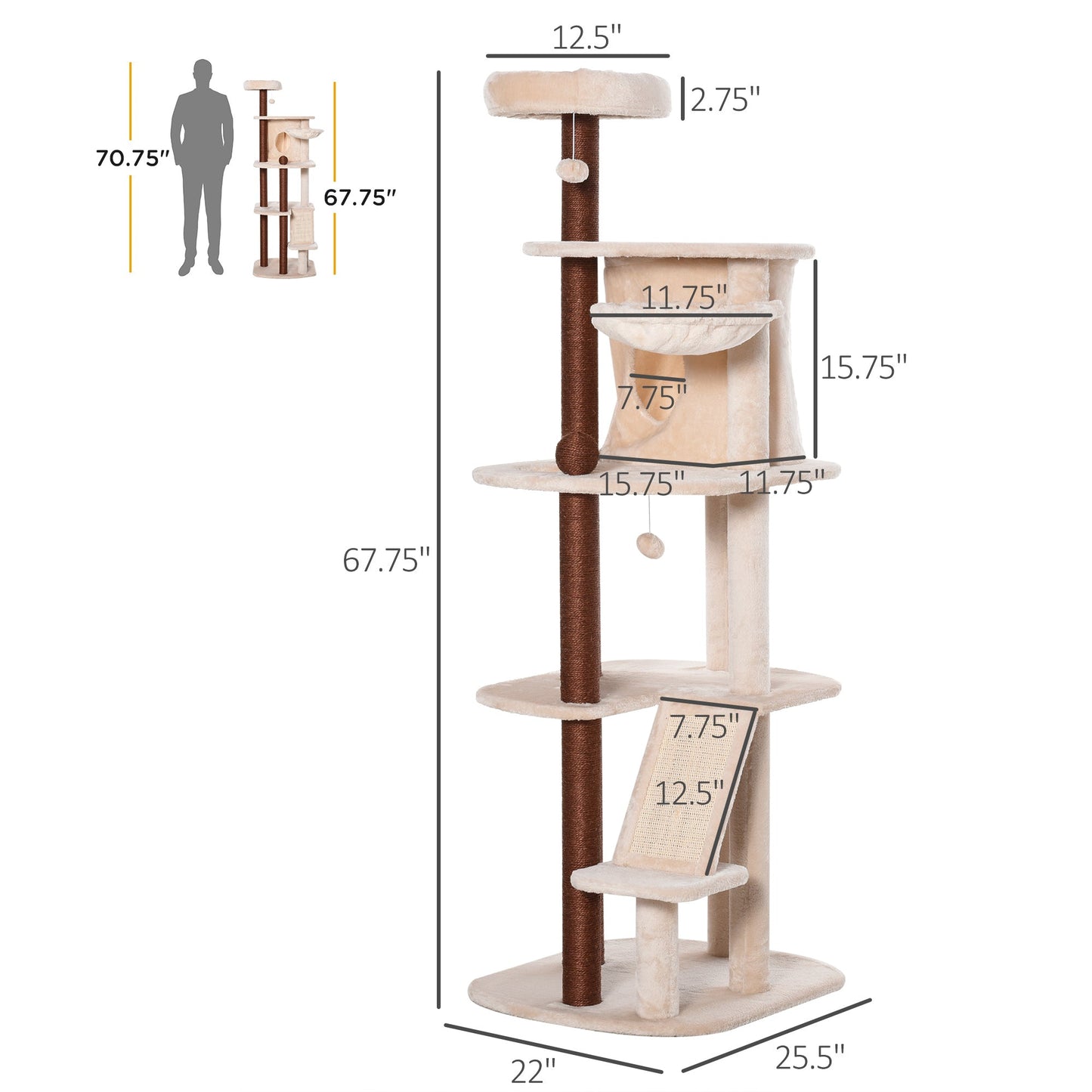 68" Cat Tree Tower, Large Cat Condo Furniture, Multi-Level Cat Tower with Scratching Posts, Ramp, Perches, Dangling Ball - Gallery Canada