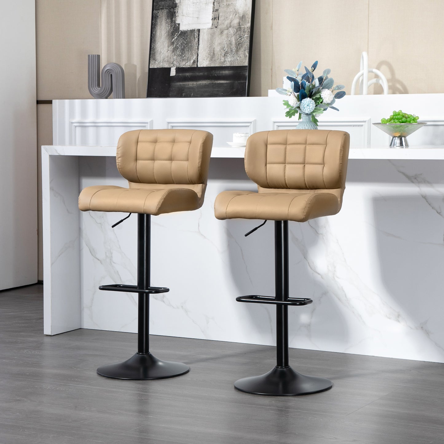 Swivel PU Leather Barstools Set of 2 Adjustable Bar Stools with Footrest Back for Kitchen Counter Dining Room Khaki Bar Stools   at Gallery Canada