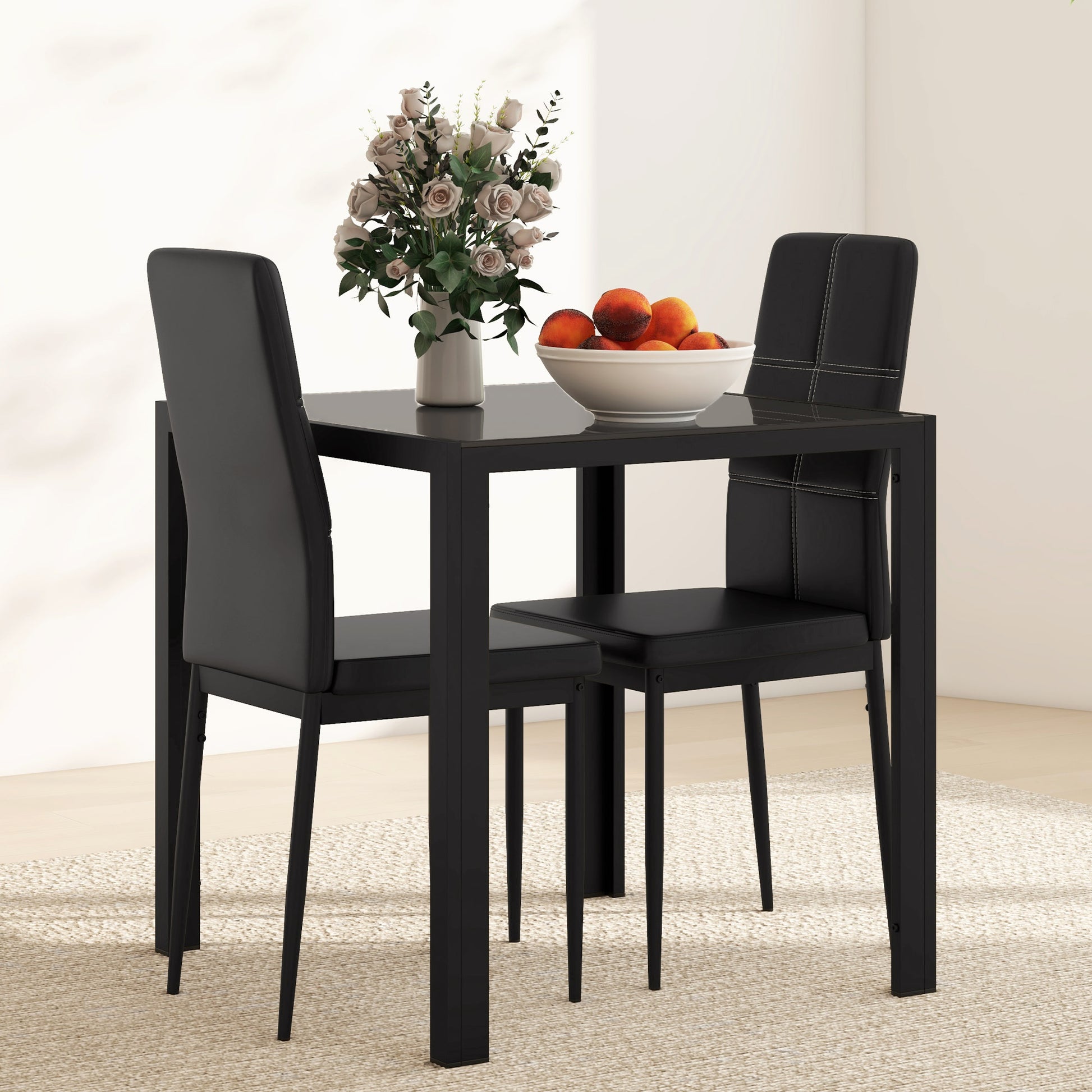 3-Piece Rectangular Glass Kitchen Table and Chairs with Metal Frame and Faux Leather Upholstery for Dining Room, Black Bar Sets   at Gallery Canada