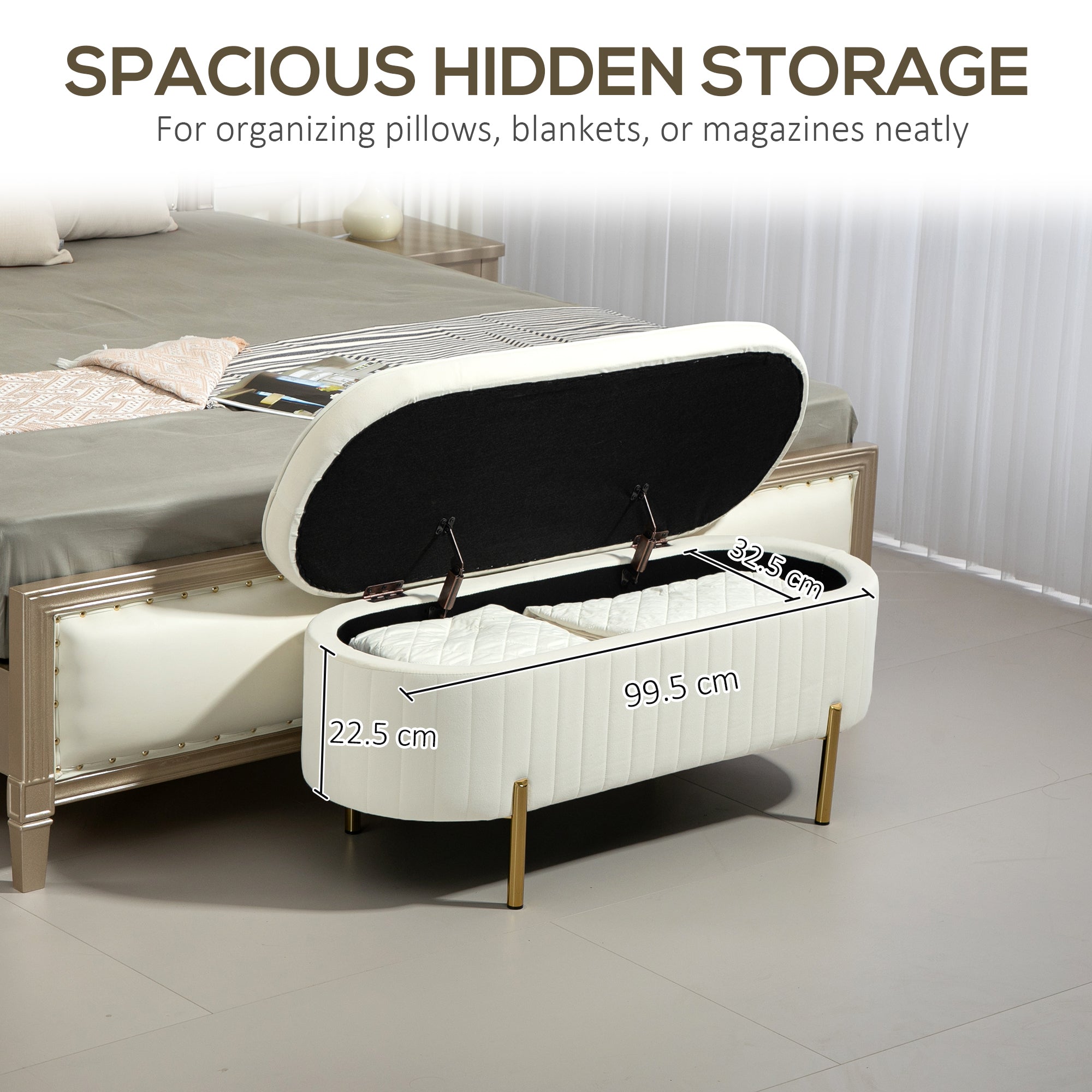 Upholstered Bedroom Bench, Channel Tufted Ottoman Bench with Thick Padding and Metal Legs, Cream White Storage Ottomans & Benches at Gallery Canada