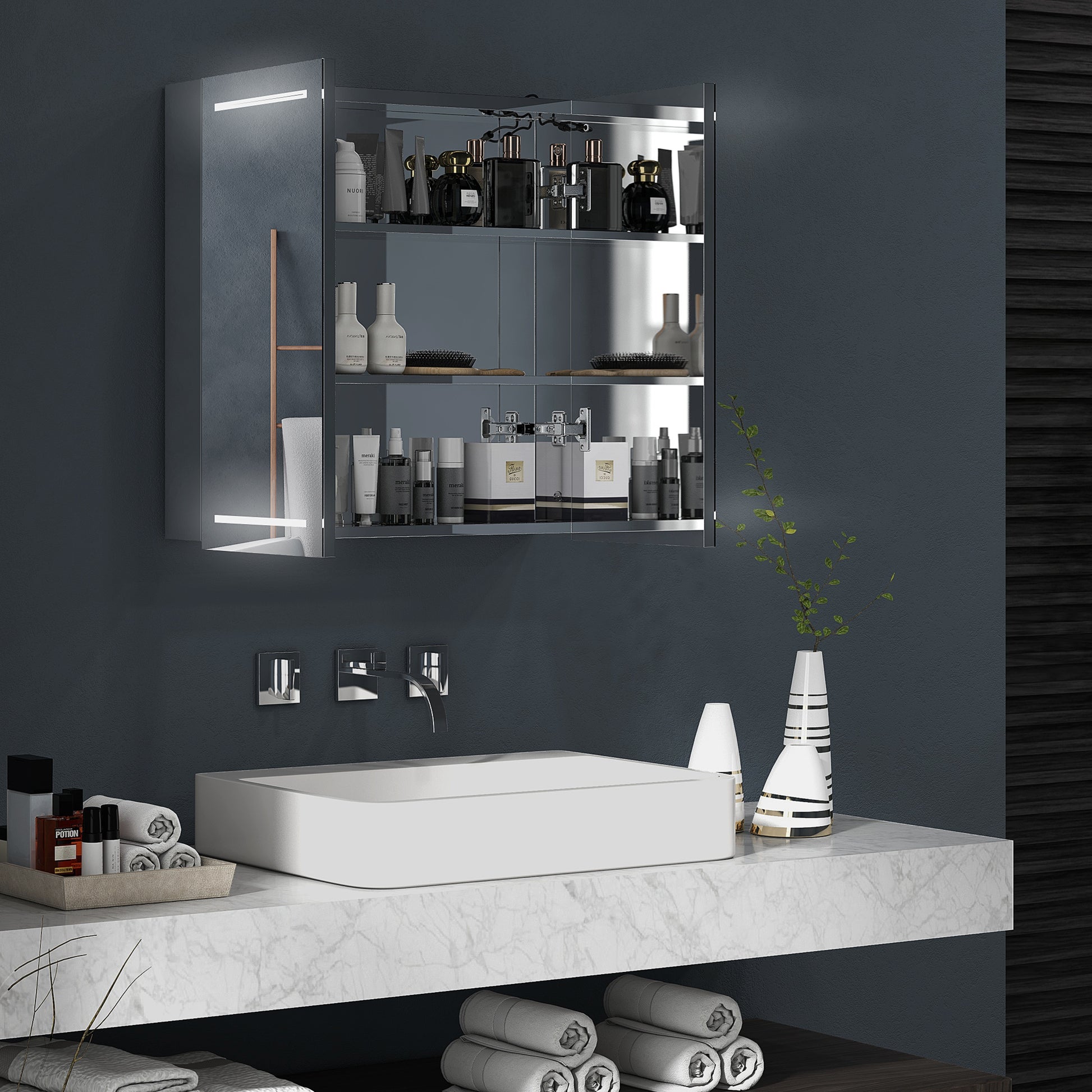 Illuminated Medicine Cabinet with Mirror, LED Vanity Mirror Cabinet with Defogging Film, Stainless Steel Frame Mirror Medicine Cabinets   at Gallery Canada