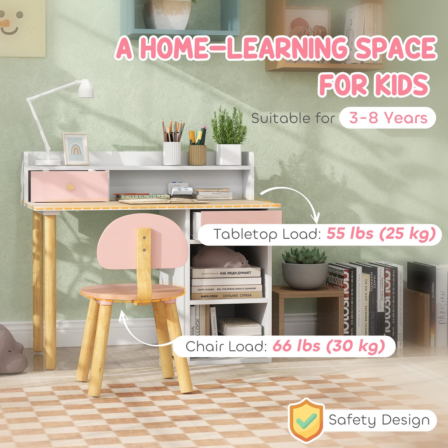 Kids Study Table and Chair Set, Kids Desk and Chair Set w/ Storage and Shelves, for 3-8 Year Old, Pink Kids Desk Sets   at Gallery Canada