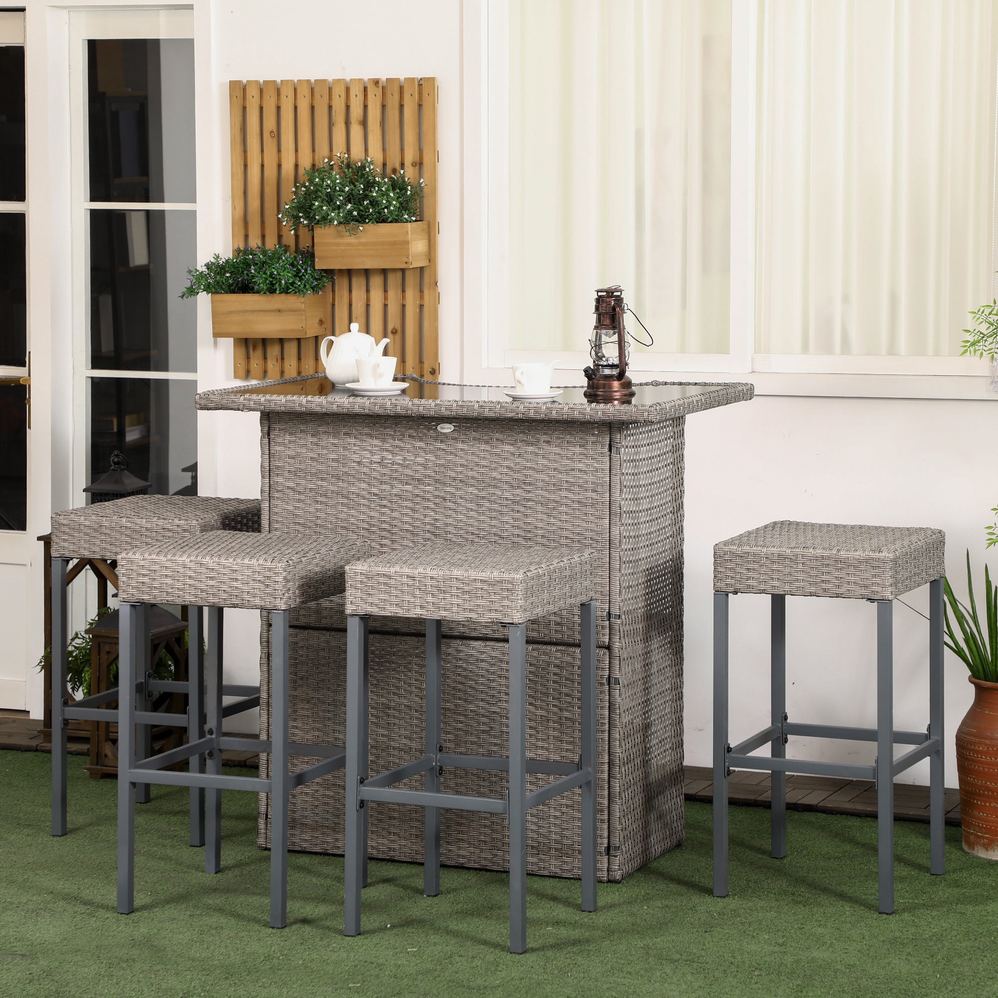 5 Pieces Patio Bar Set, Outdoor PE Rattan Wicker High Top Outdoor Table and Chairs Outdoor Bar Set with Tempered Glass Top Bar Table and Shelves, 4 Bar Chairs, Grey Bistro Sets at Gallery Canada