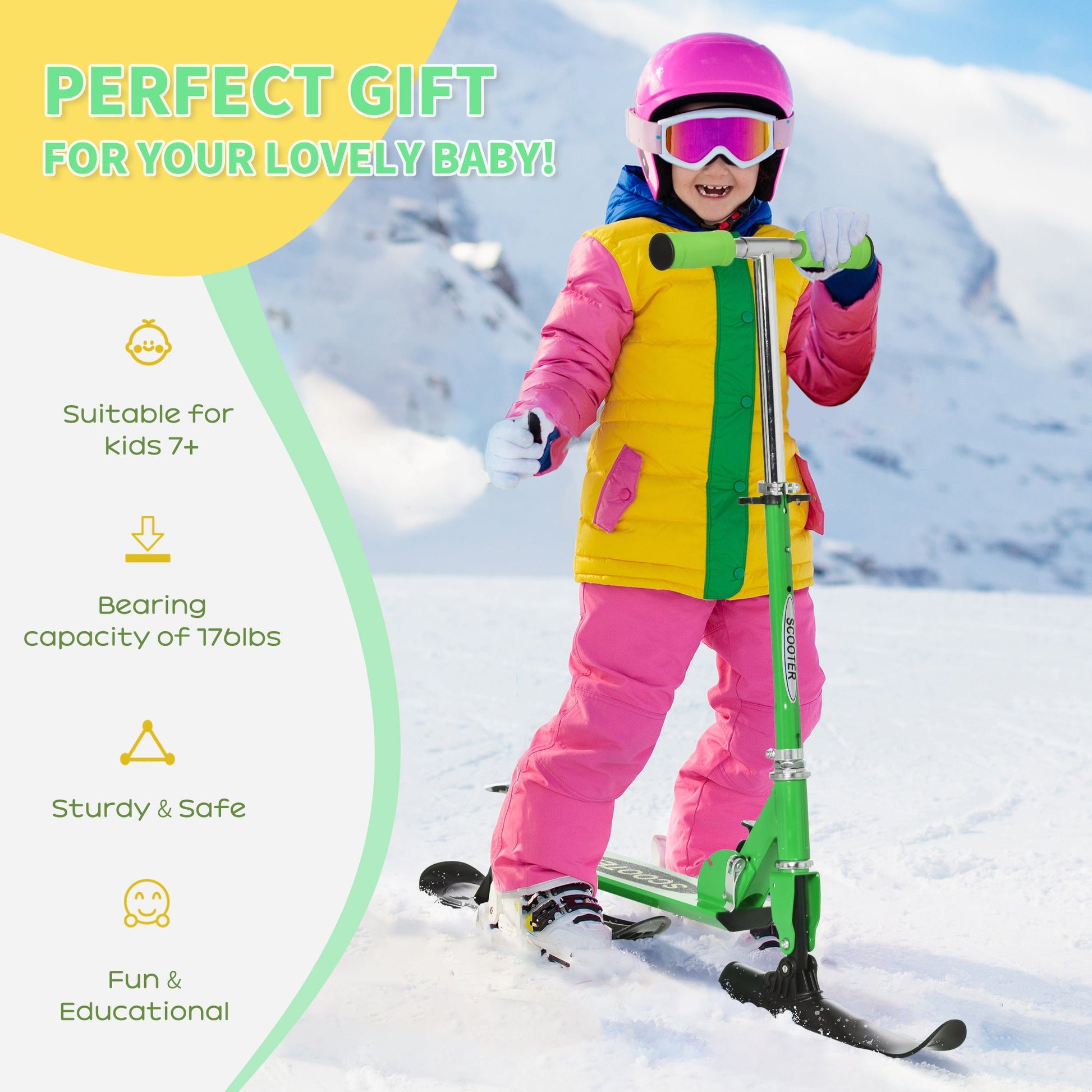 Snow Scooter, 2 in 1 Design Adjustable Height Scooter Snow Sled for Kids Aged Over 7 Years Old, Kids Sled Ski Scooter with Wheels Blades, Green - Gallery Canada