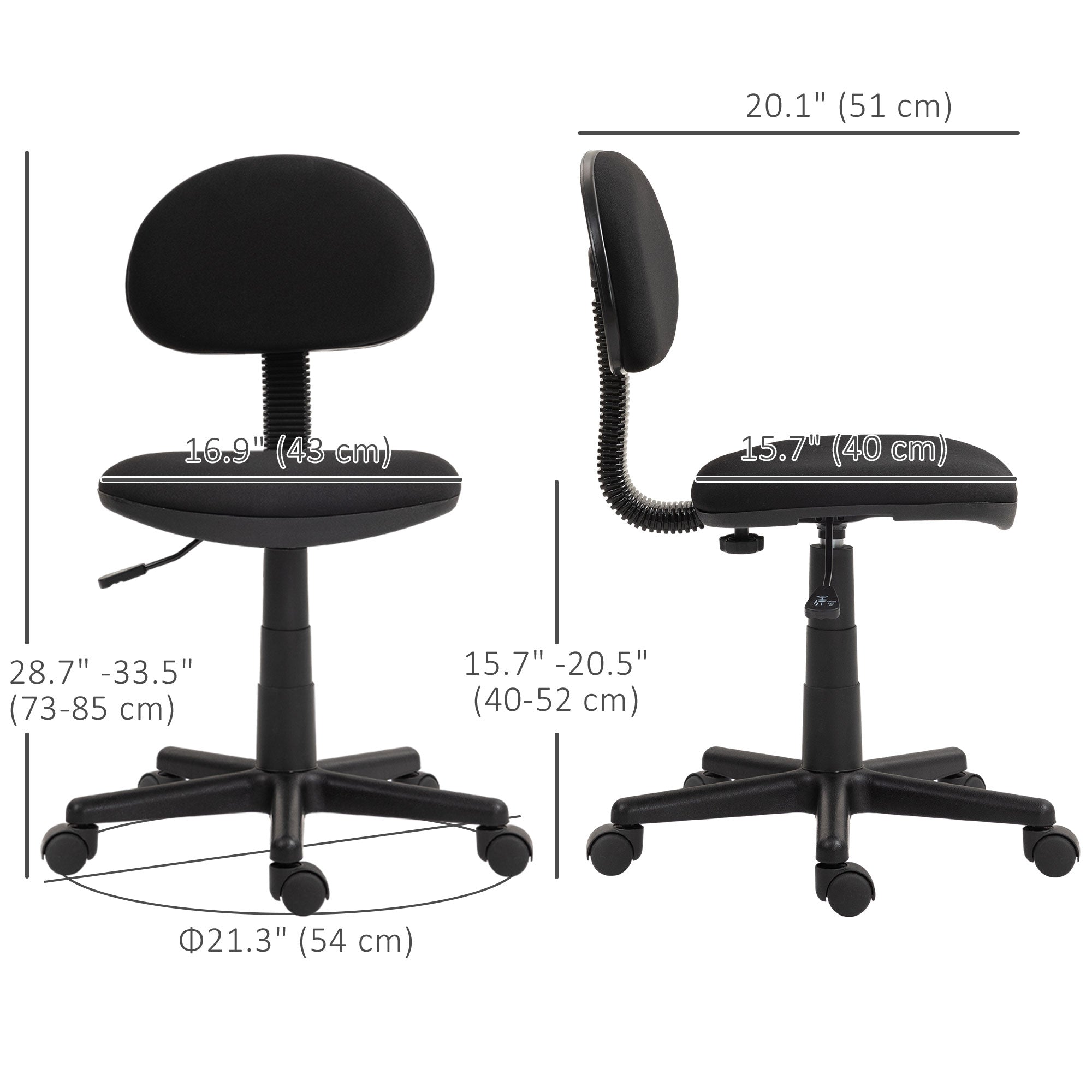Small Desk Chair, Armless Office Chair with Adjustable Height, 360° Swivel Wheels, Low Back for Small Spaces, Black Task Chairs at Gallery Canada