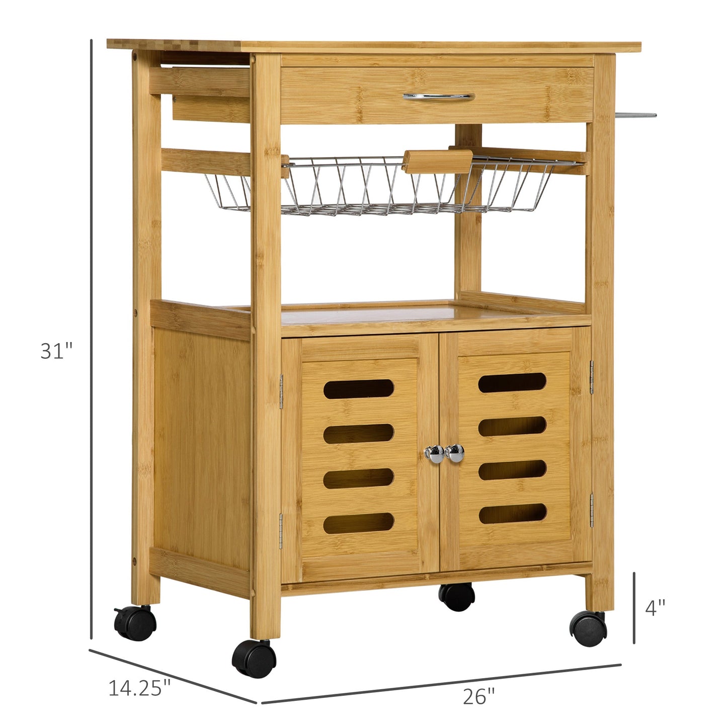 Rolling Kitchen Island Cart, Utility Bamboo Storage Rack, Serving Cart with Drawer, Wire Basket and Cabinet for Dining Room, Natural Kitchen Islands & Kitchen Carts Natural  at Gallery Canada